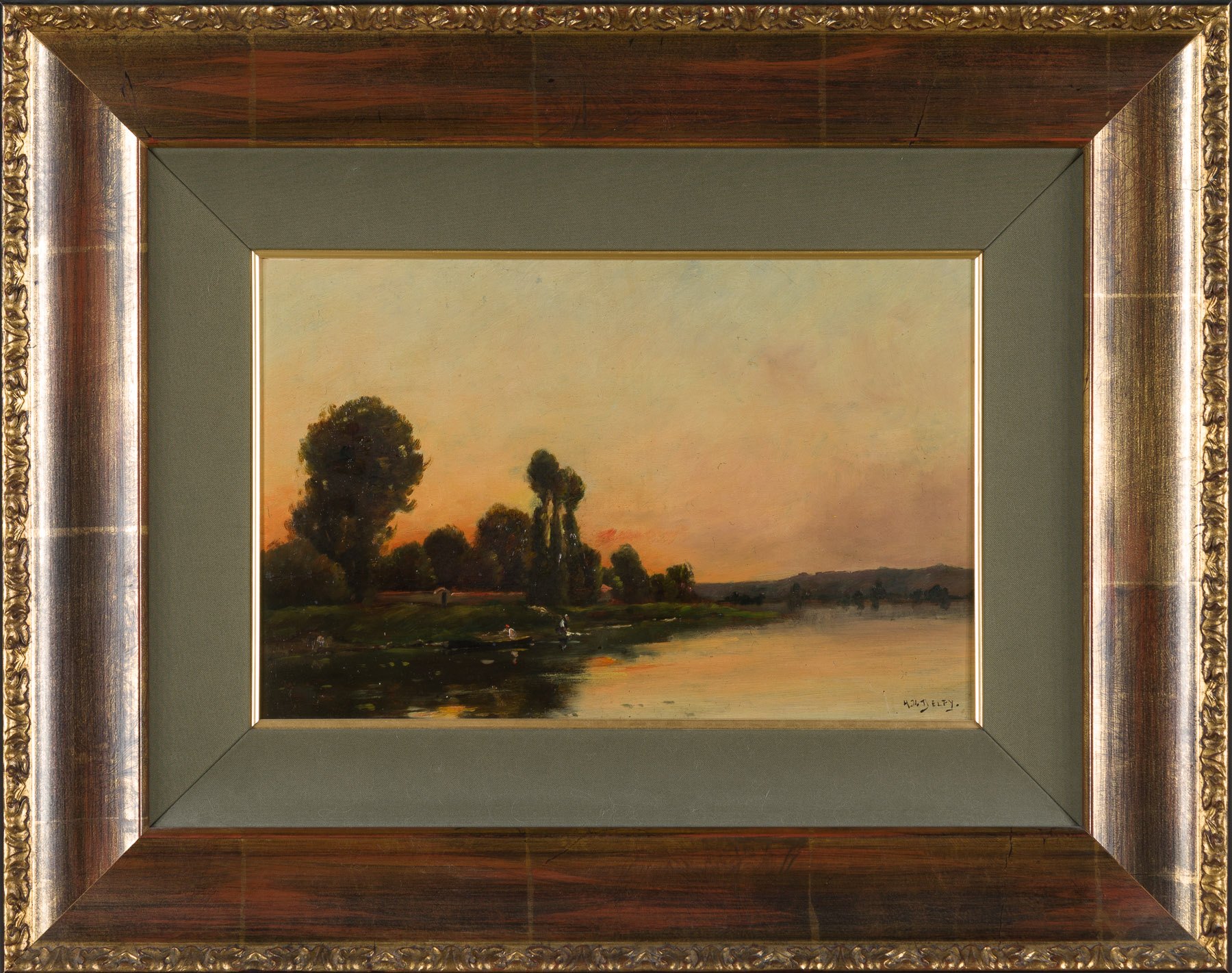 Artwork by Jacques Henry Delpy, Paysage De Fleuve D’été Au Coucher Du Soleil, Made of Oil On Panel 