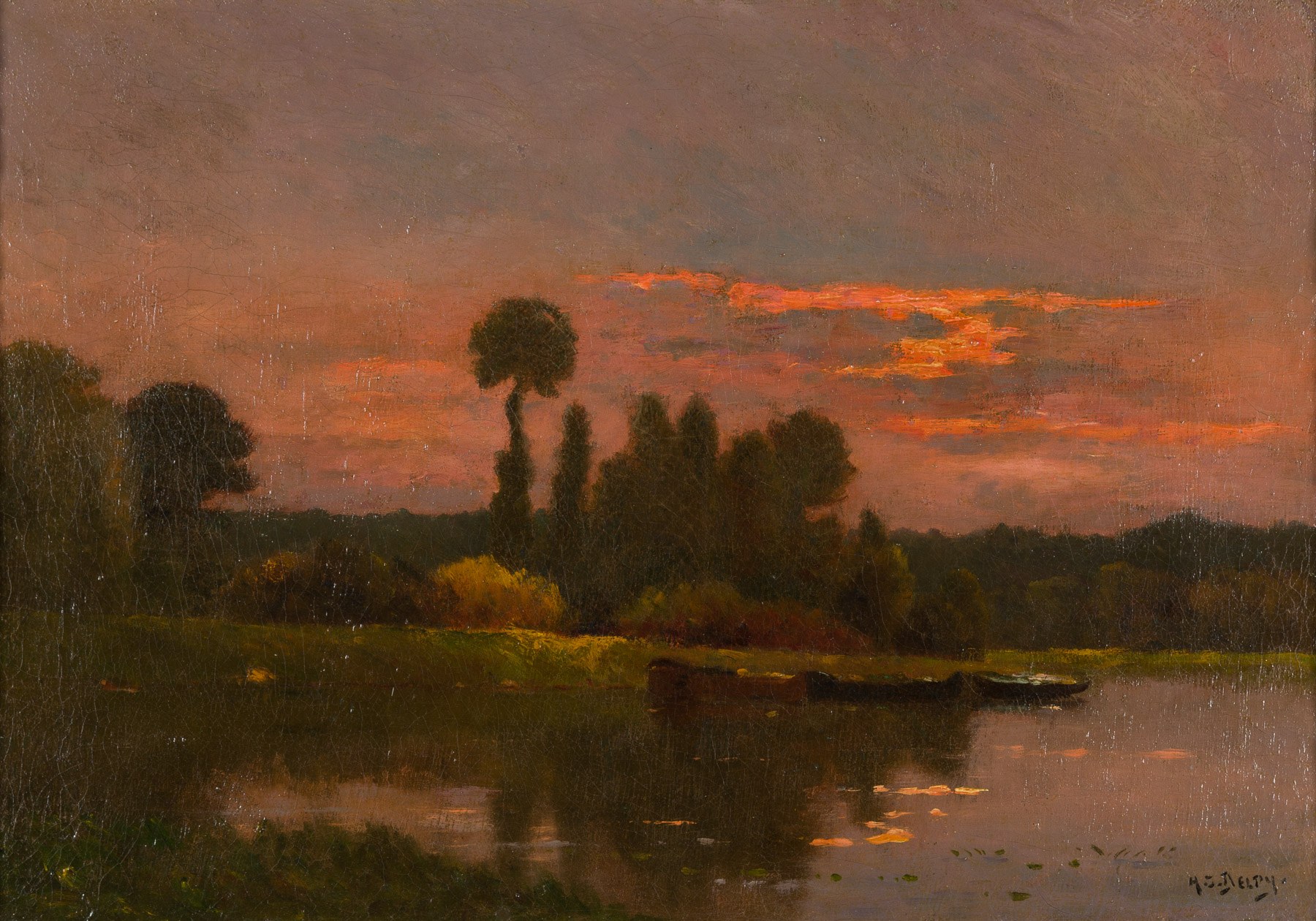A painting of a sunset over a body of water.