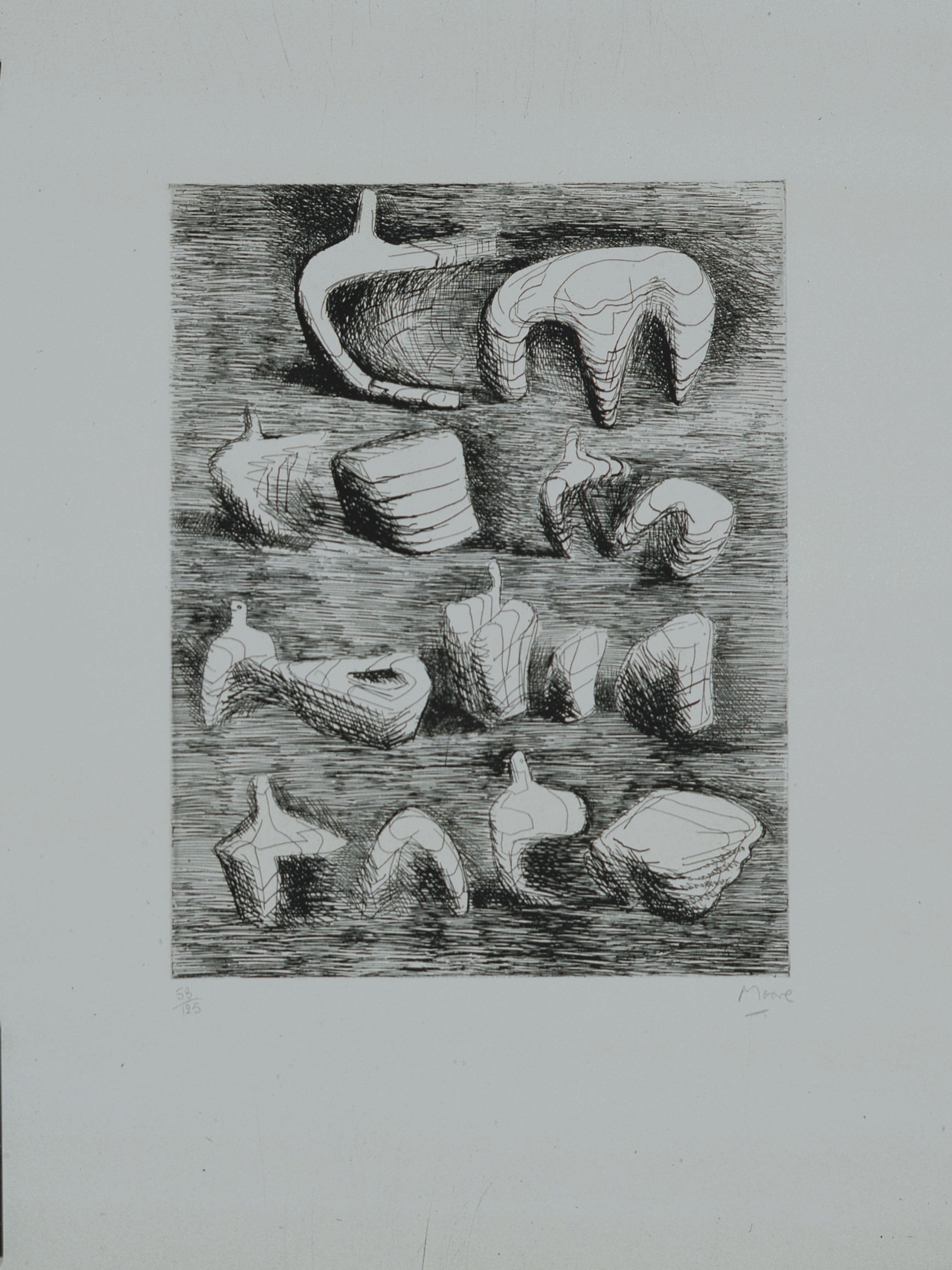 Artwork by Henry Moore, Studies for Sculpture: Two and Three Piece Reclining Figures, 1967, Made of Etching 