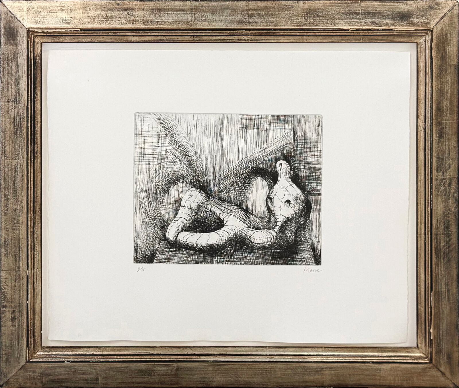 Reclining Figure: Piranesi Background II (hand signed etching) by Henry Moore, 1979