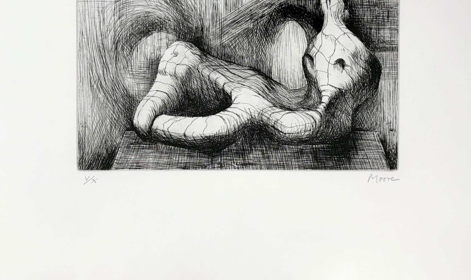 Artwork by Henry Moore, Reclining Figure: Piranesi Background II (hand signed etching), Made of Etching 