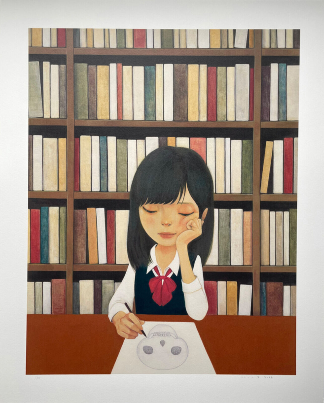A painting of a girl sitting at a table in front of a bookcase.