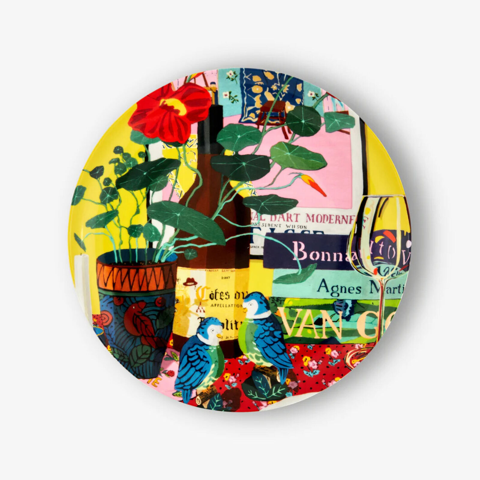 A plate with a painting of a vase of flowers and birds on it.