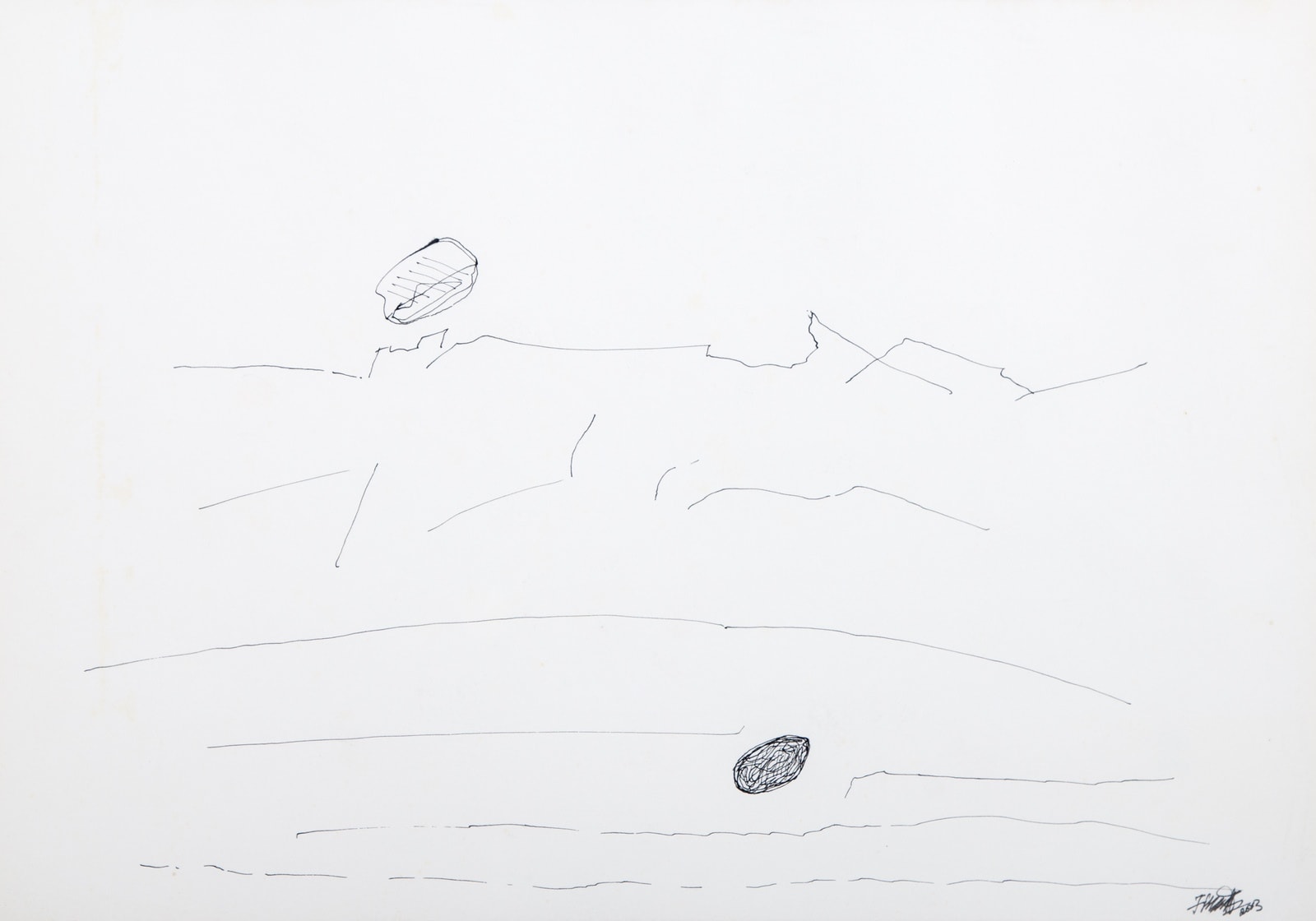 A minimalist line drawing of a landscape with two shaded rocks.