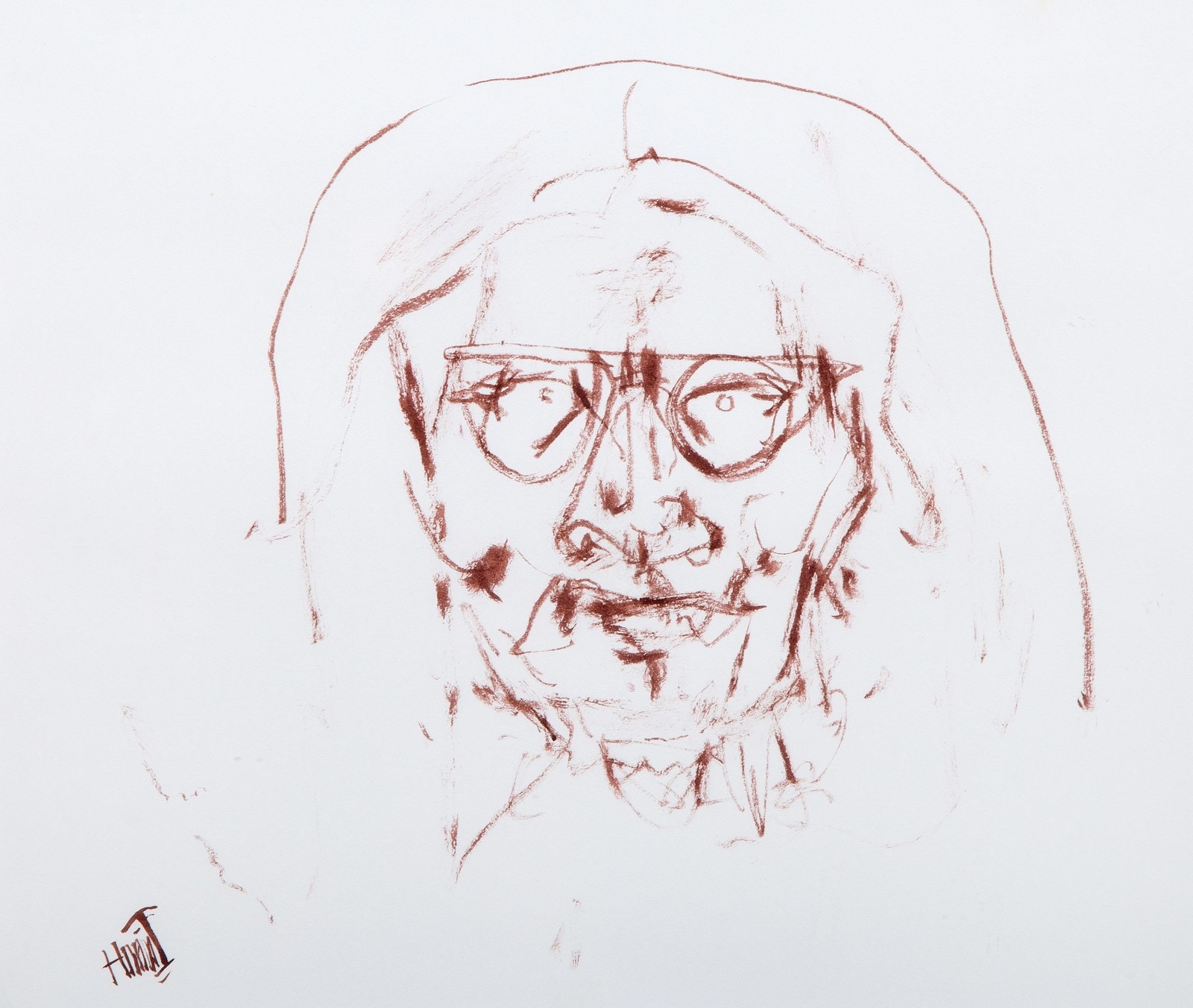 A drawing of a woman with glasses on her face.