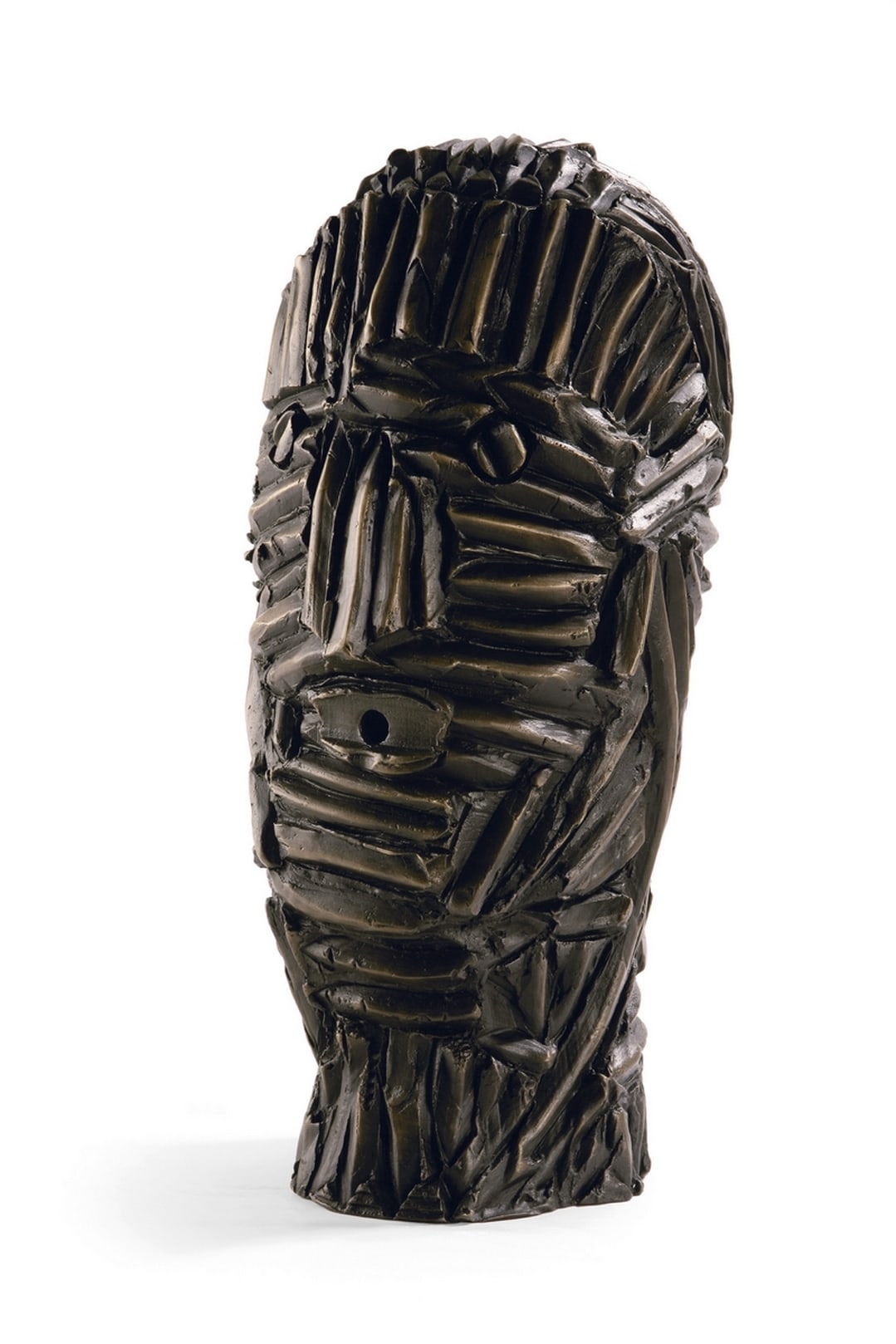 A sculpture of a man's head on a white background.