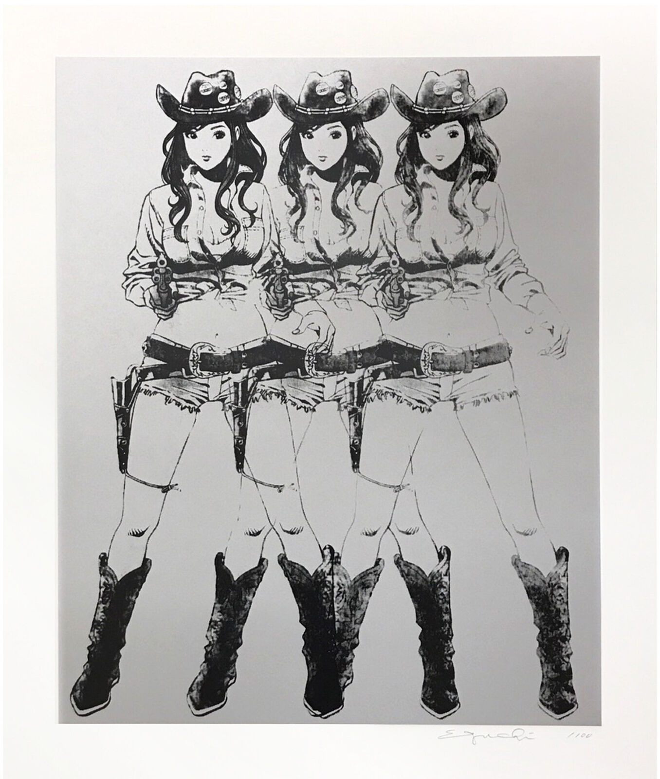 A black and white drawing of three cowgirls in cowboy hats.