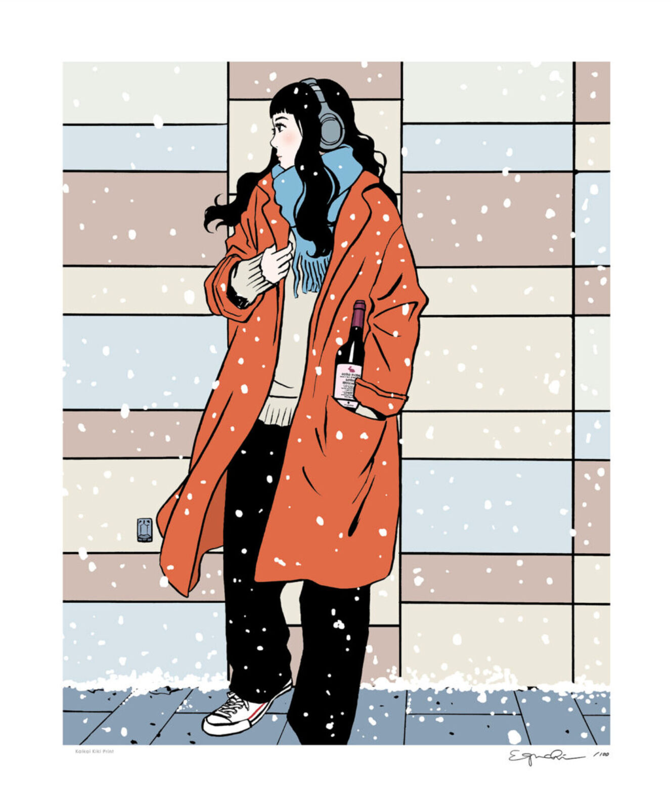 A woman in an orange coat holding a bottle of wine in her hand.