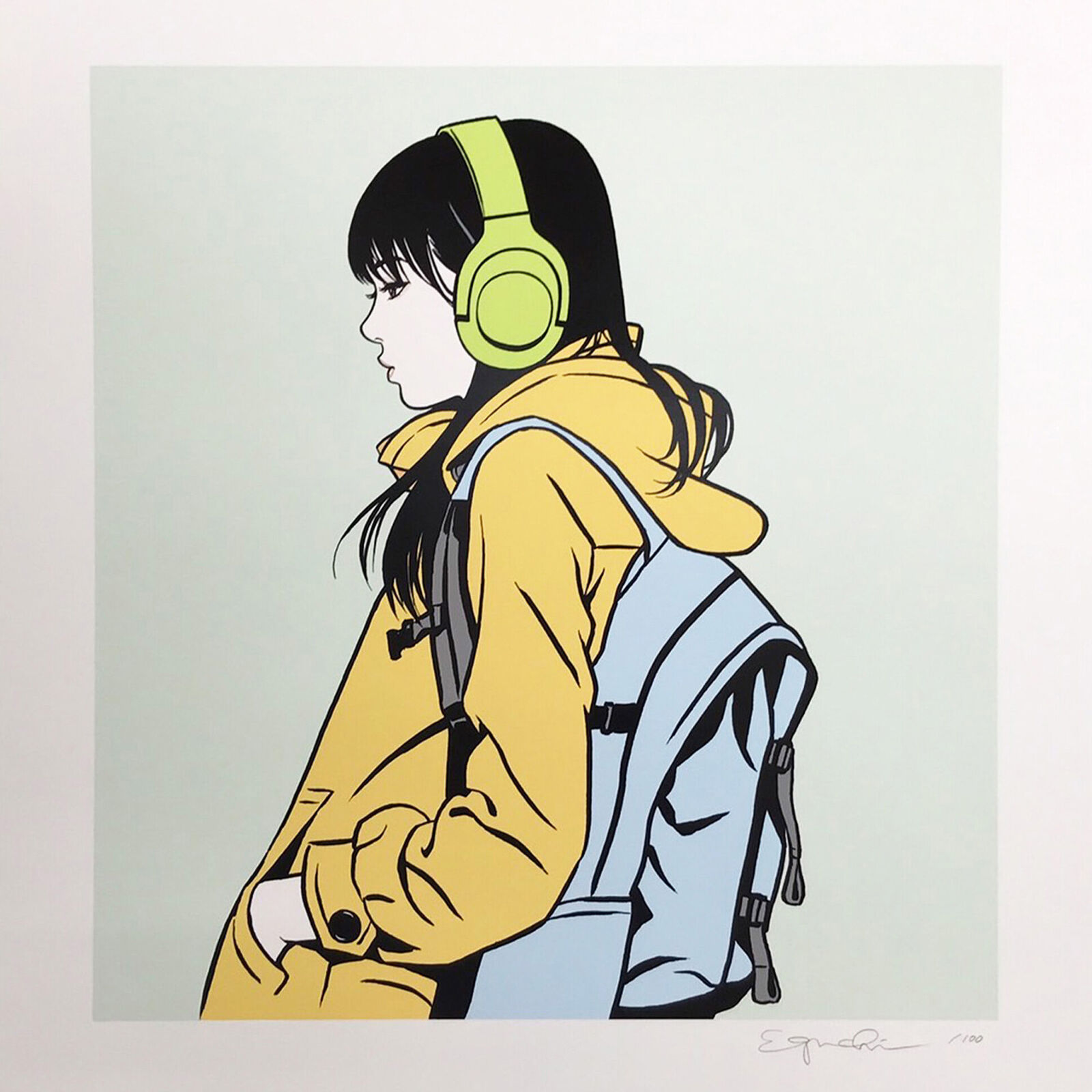 A woman wearing headphones and a yellow jacket.