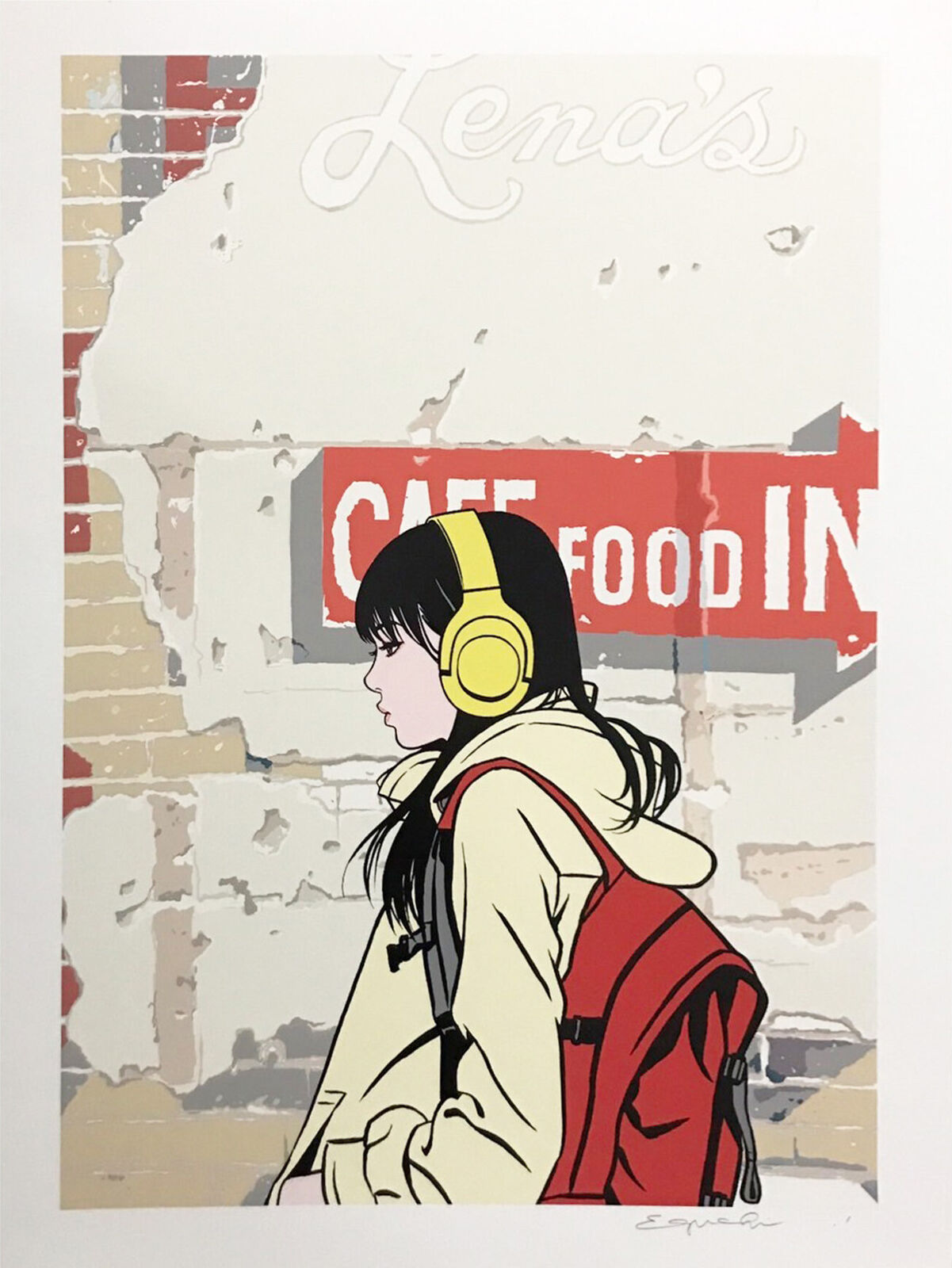 A woman with headphones standing in front of a brick wall.