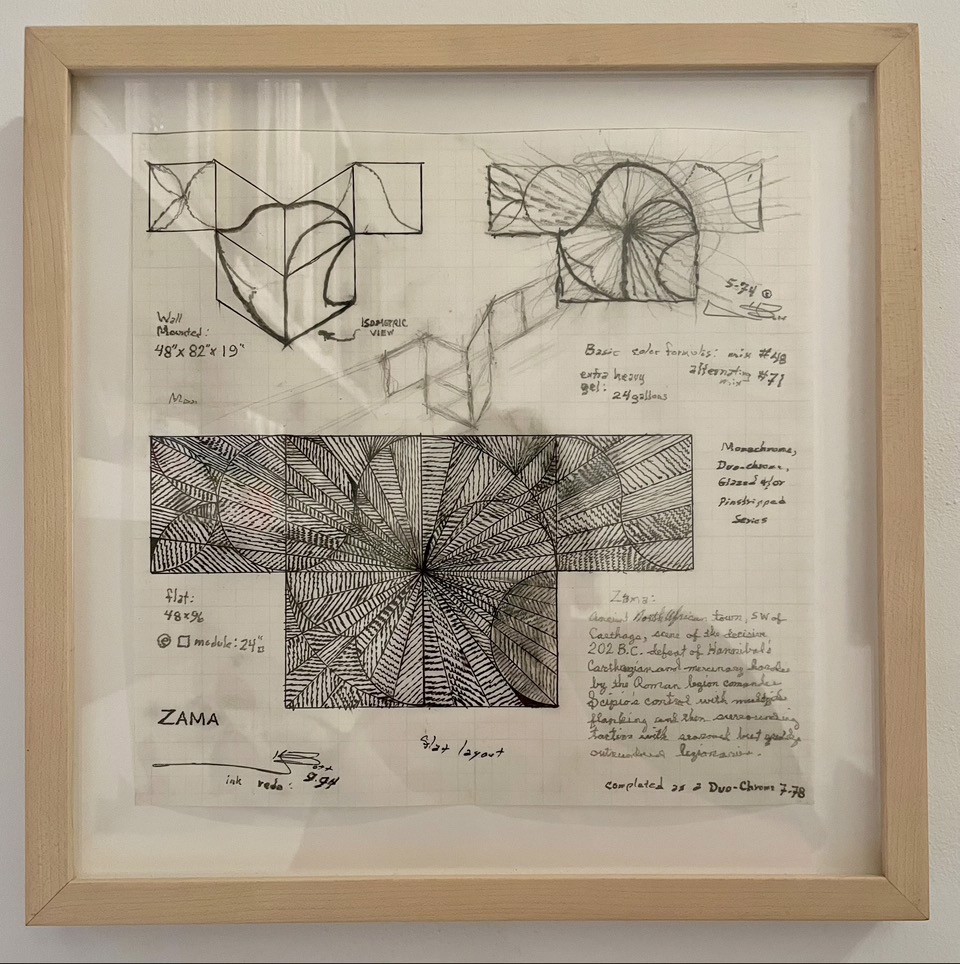 A drawing of a drawing of an abstract design in a wooden frame.