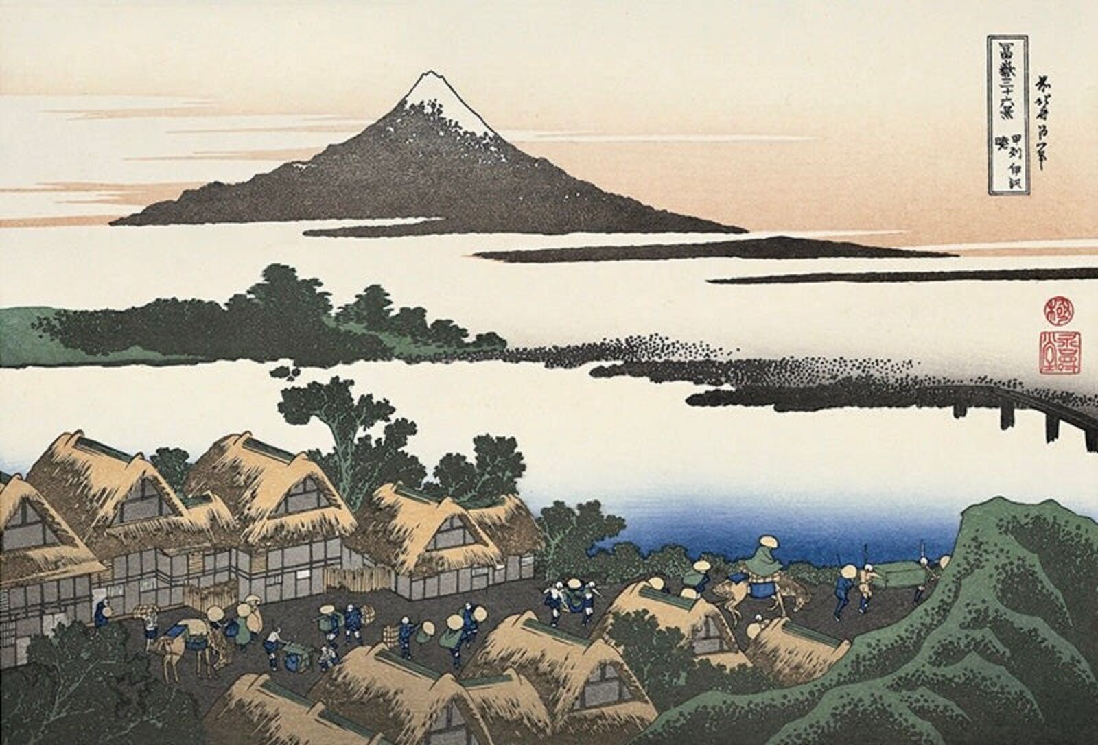 A painting of a village with a mountain in the background.
