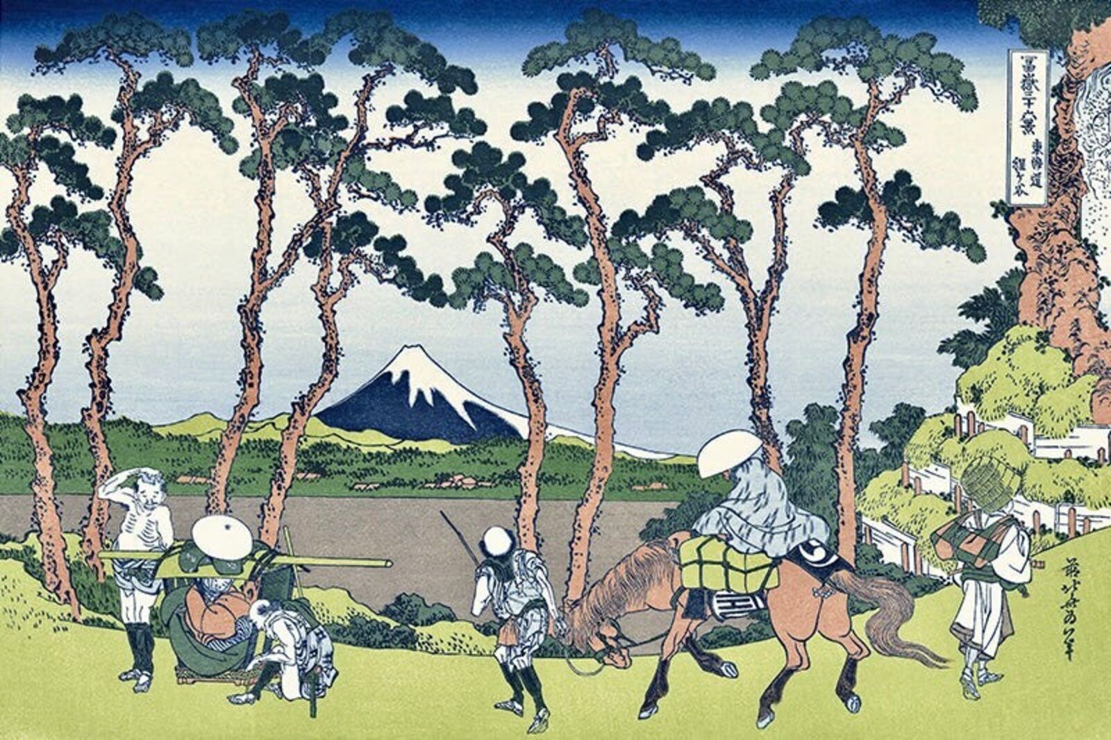 A painting of a group of people riding horses in a forest.