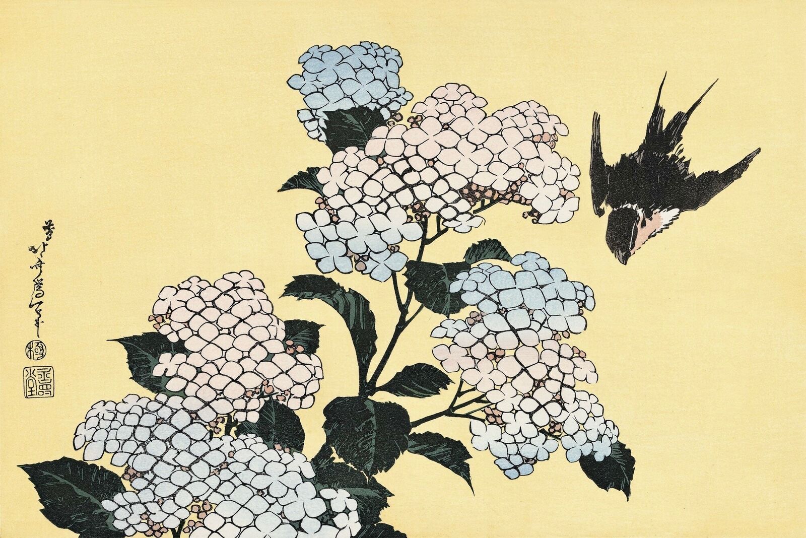 A painting of a bird flying over a bunch of flowers.