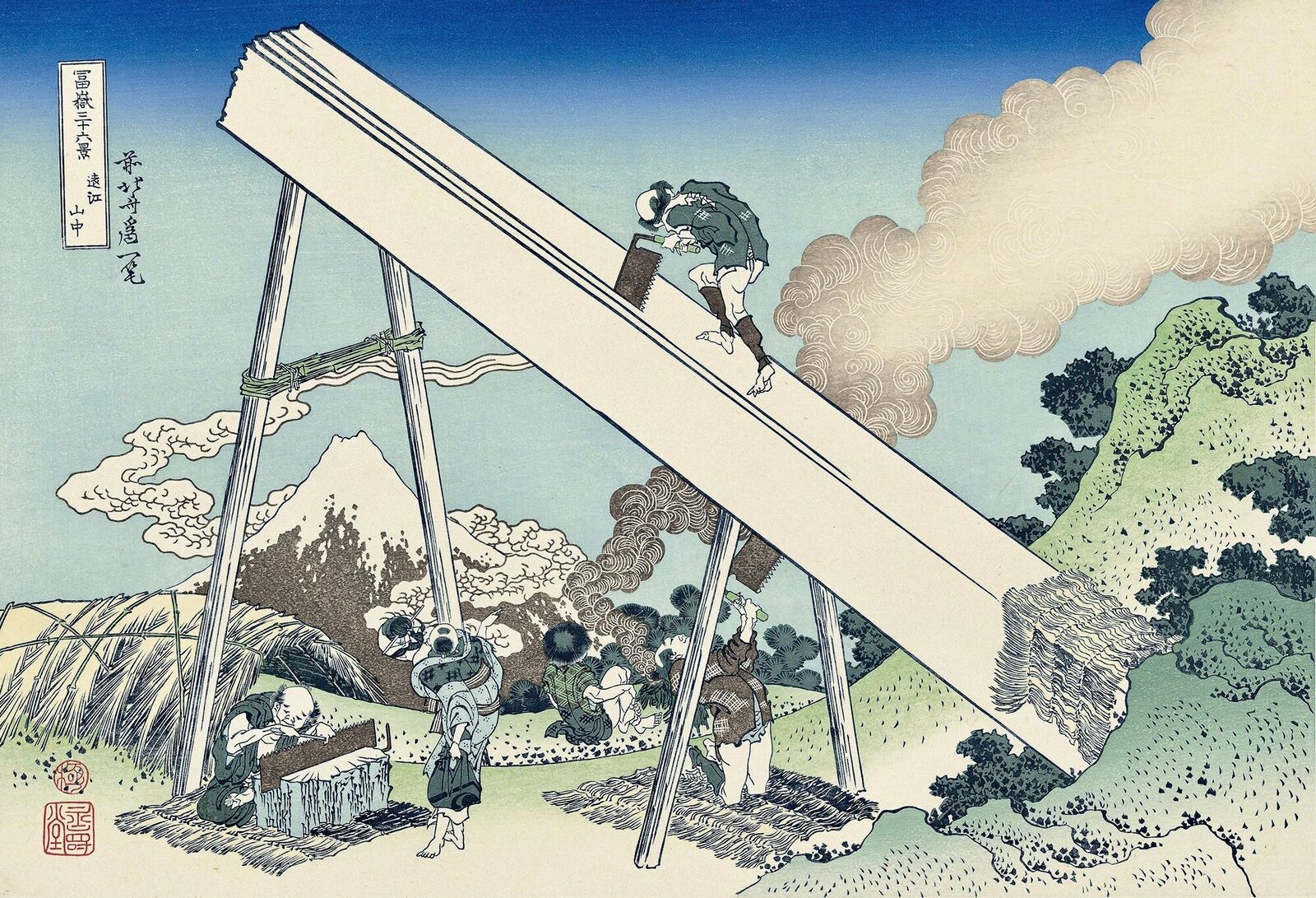 A woodblock print of a man on a wooden structure in the middle of a field.