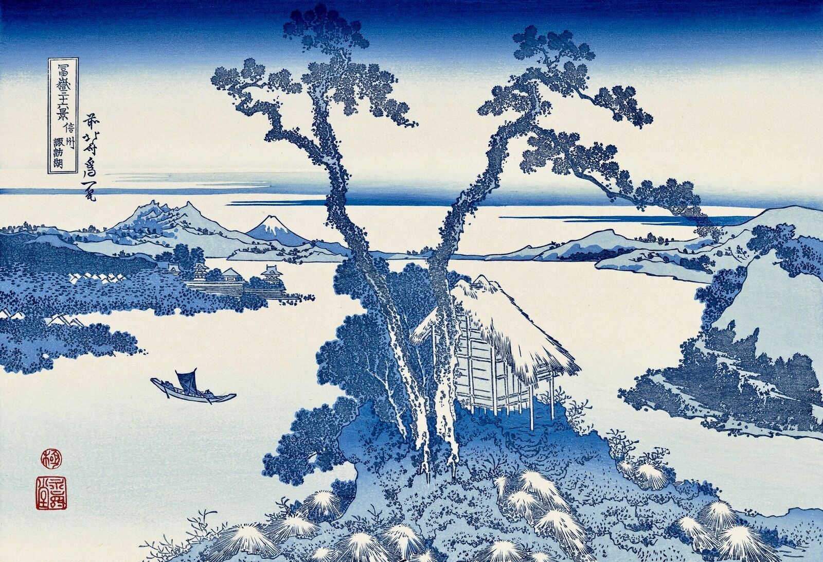 A blue and white painting of a landscape with a boat in the water.