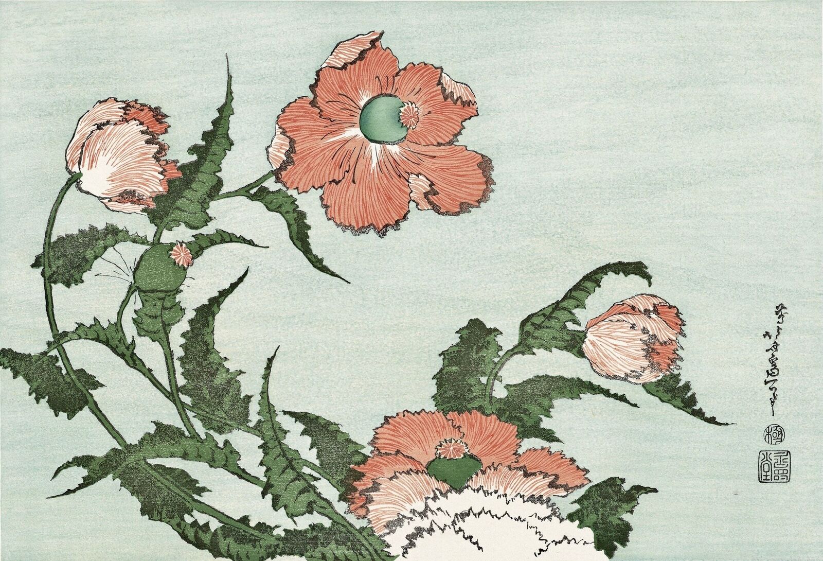 A painting of a bunch of flowers on a blue background.