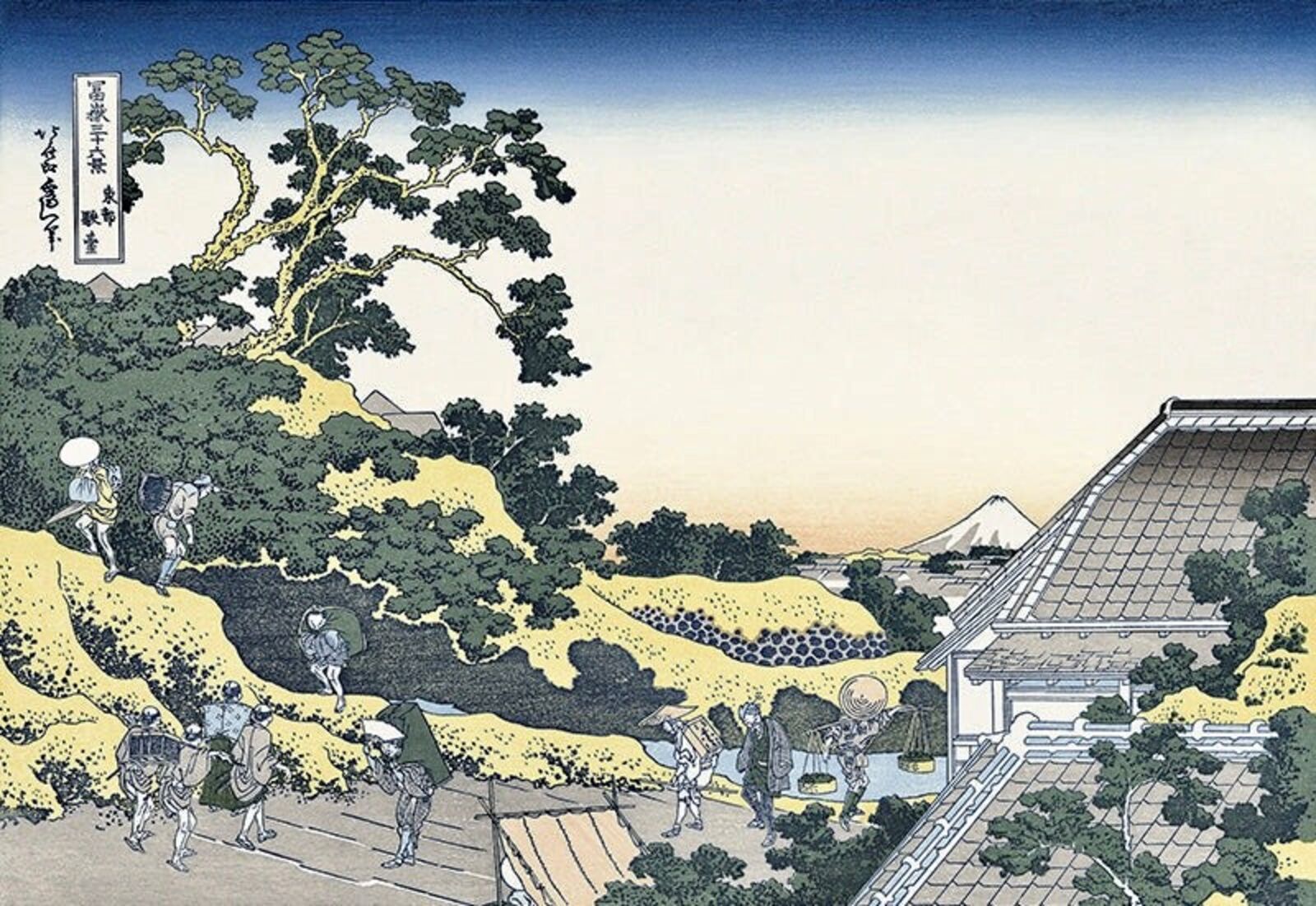 A painting of a group of people walking down a hill.