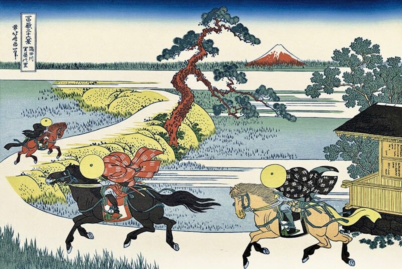A painting of two men riding horses in front of a mountain.