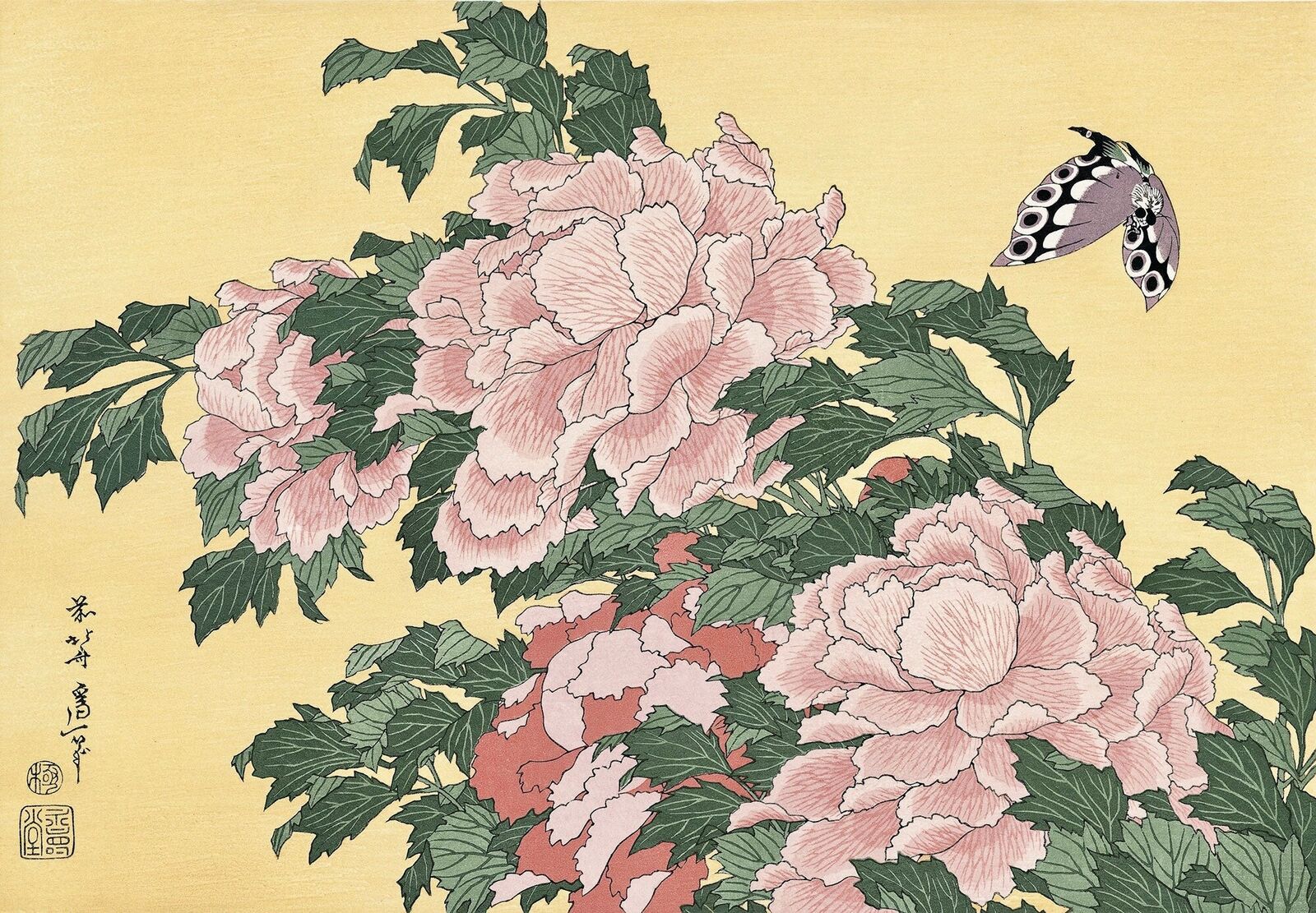 A painting of pink flowers and a butterfly on a yellow background.