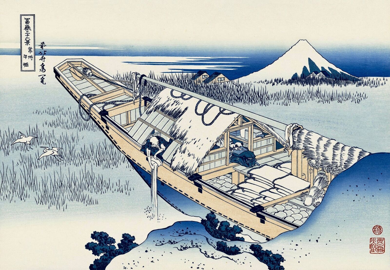 A painting of a boat in the snow with a mountain in the background.