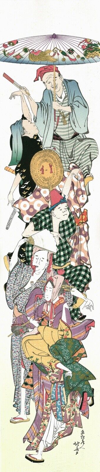 a japanese woodblock print of a group of people with umbrellas