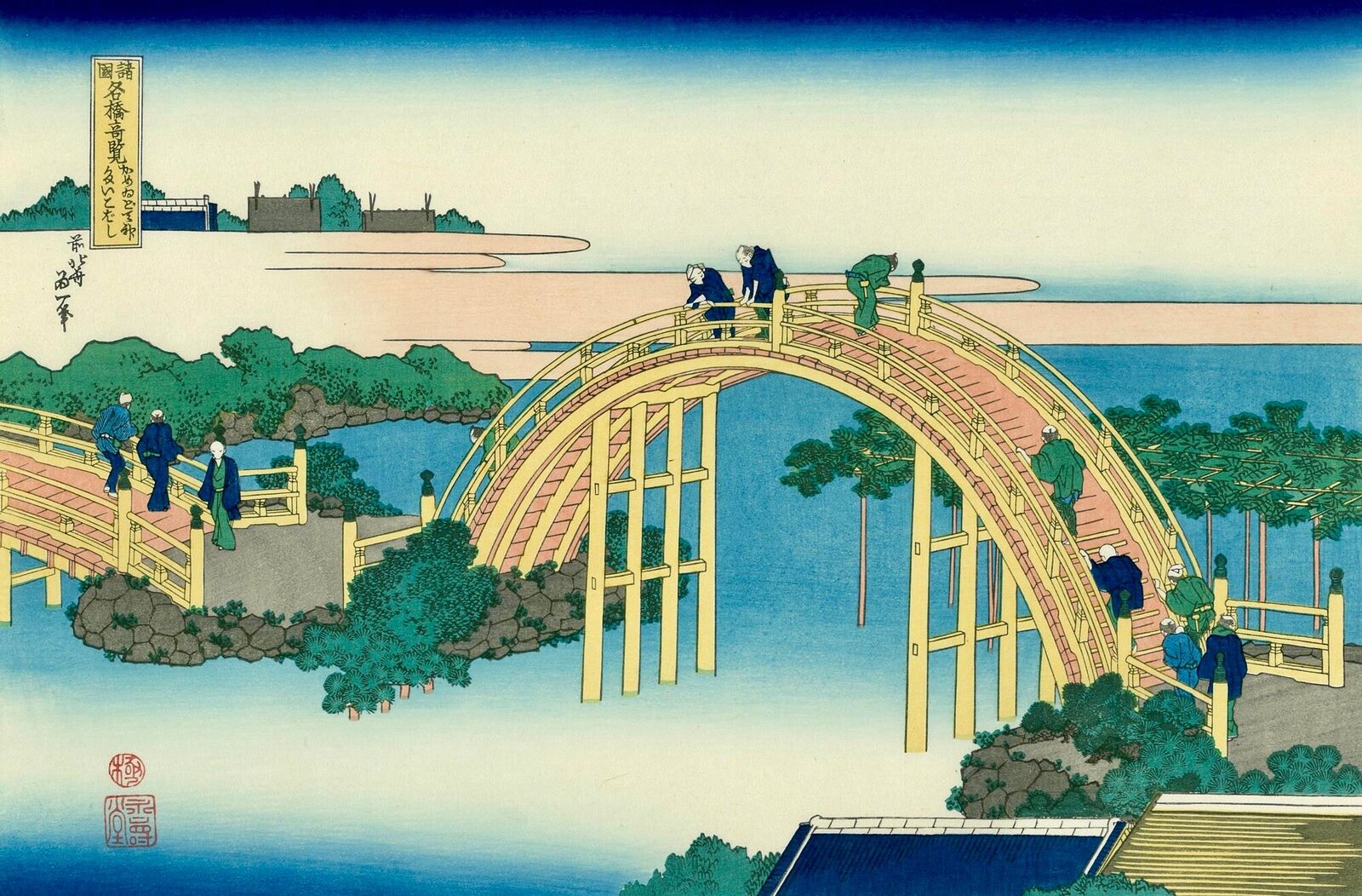 A painting of a wooden bridge over a body of water.