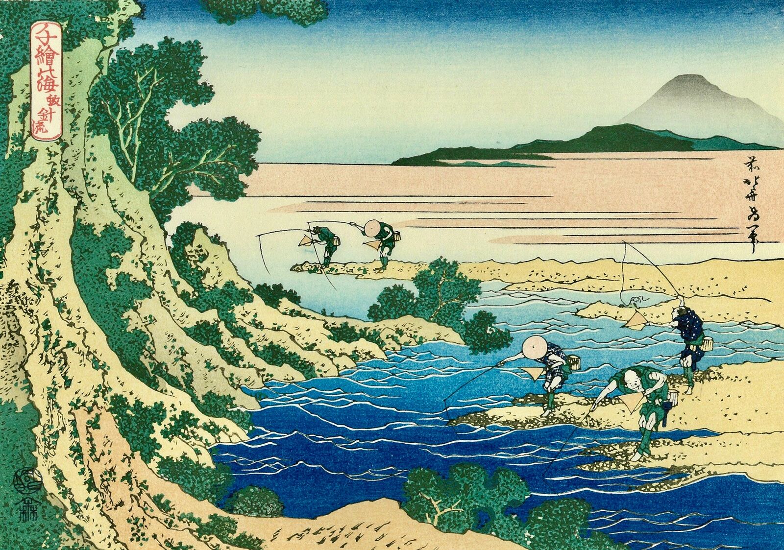 A painting of a group of people fishing in a river.