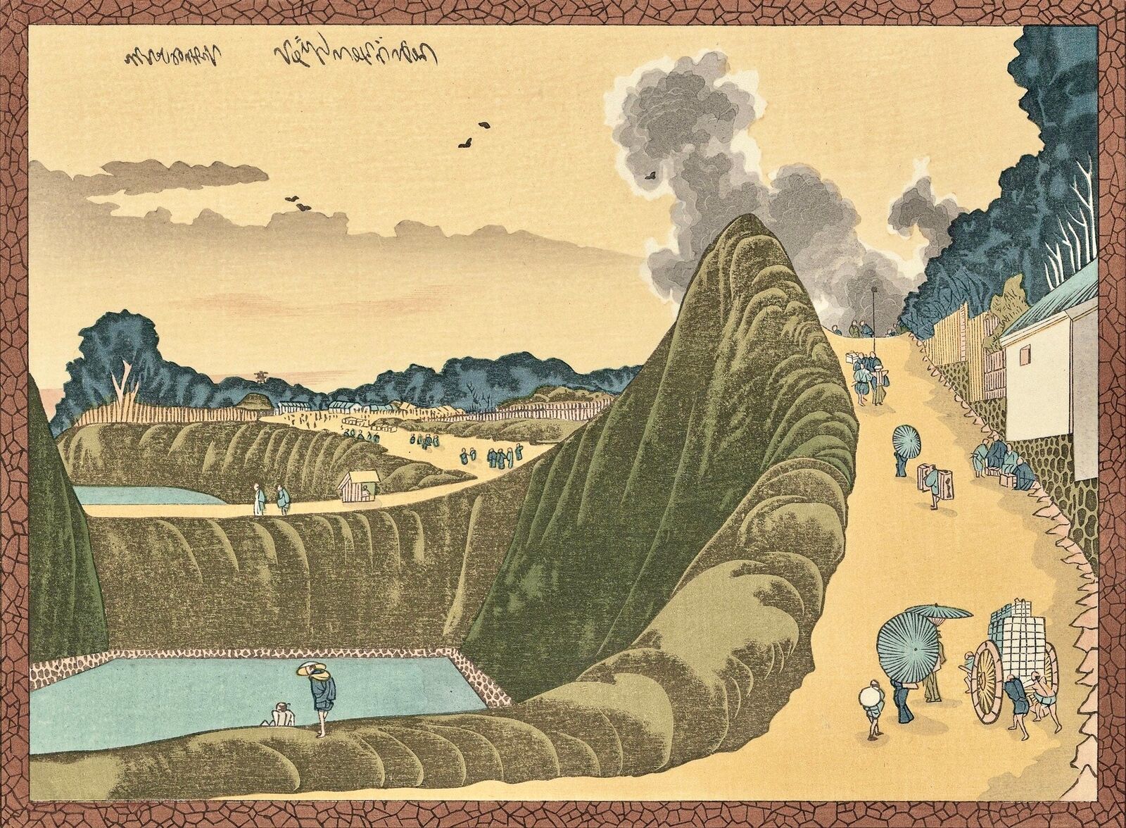 A painting of a landscape with people walking around a pond.