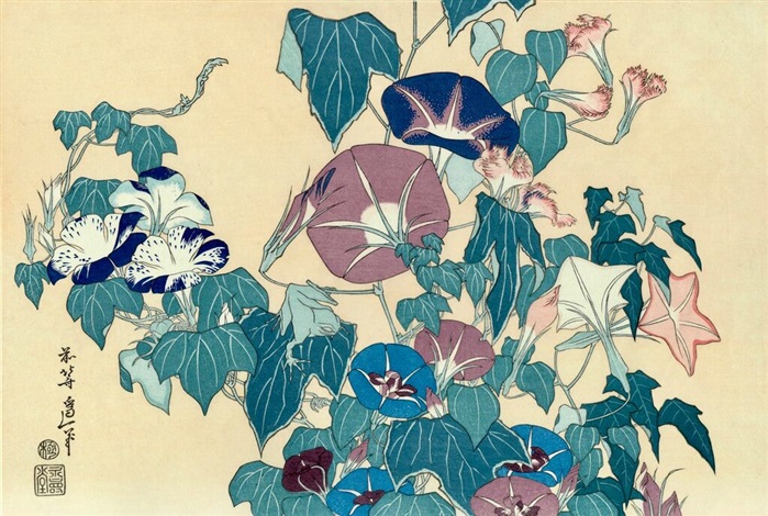 Artwork by Katsushika Hokusai, Morning-Glories and Frog, Made of Ukiyo-e/Woodblock print 