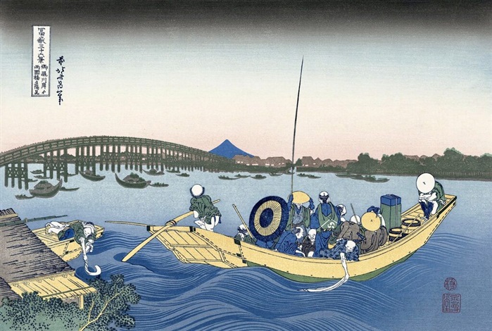 Artwork by Katsushika Hokusai, Sunset over Ryogoku Bridge, Made of Ukiyo-e/Woodblock print 
