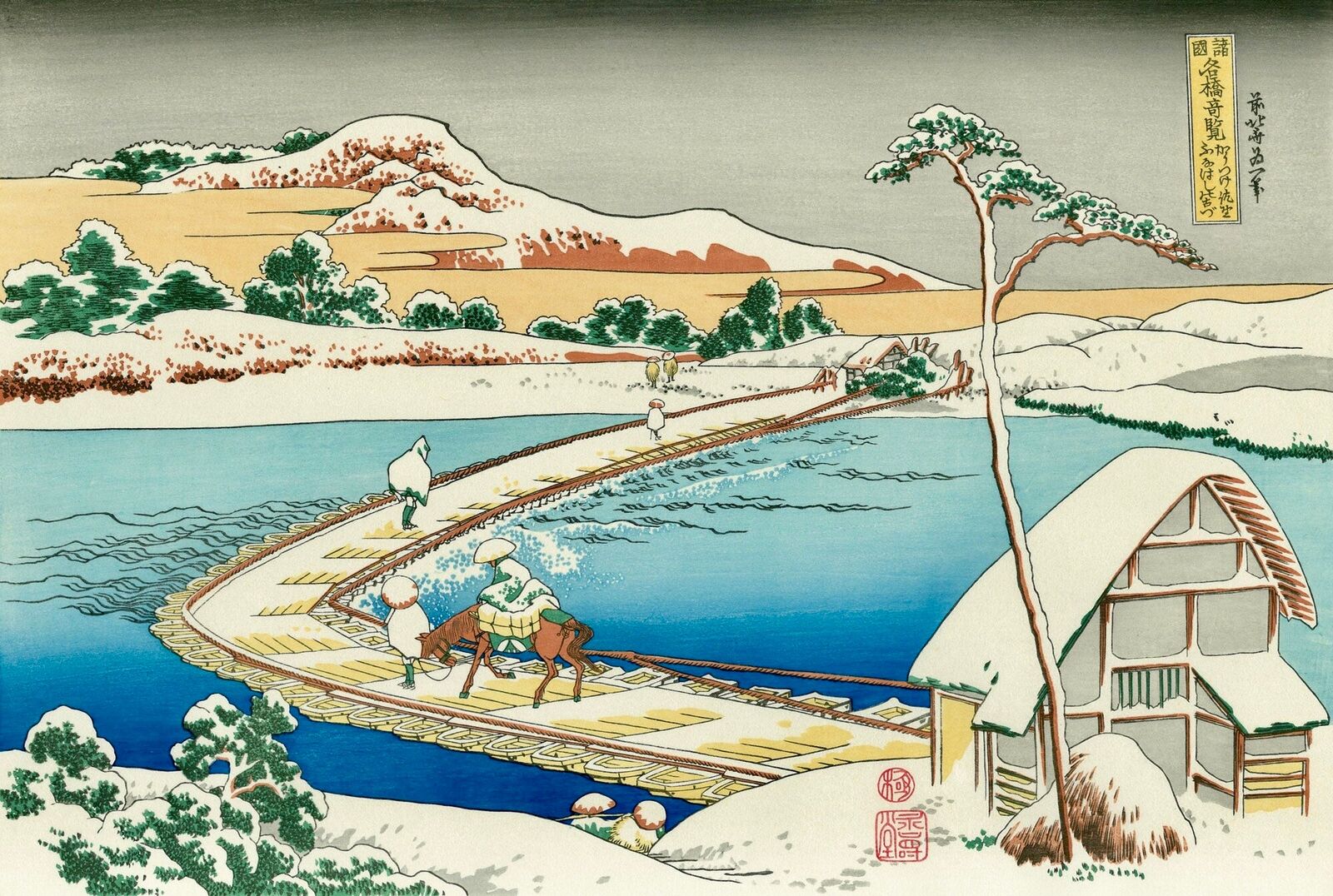 A painting of a man riding a horse across a bridge over a river.