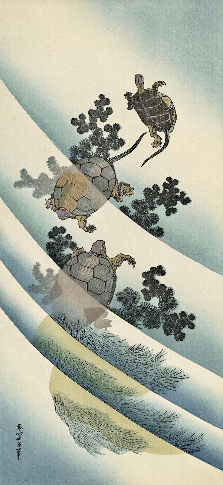 A painting of two turtles flying over a body of water.