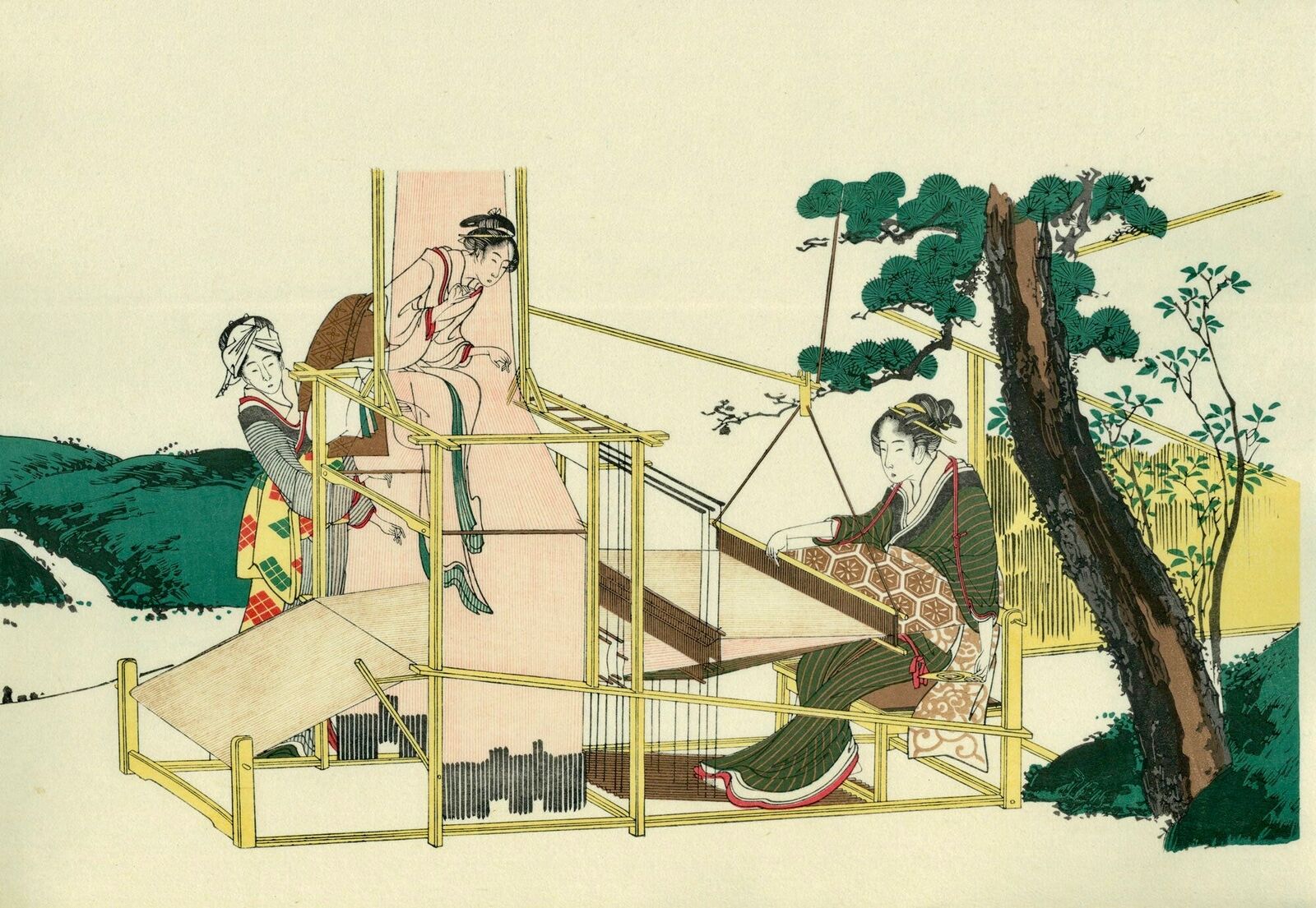 A painting of two women sitting on a swing in a park.