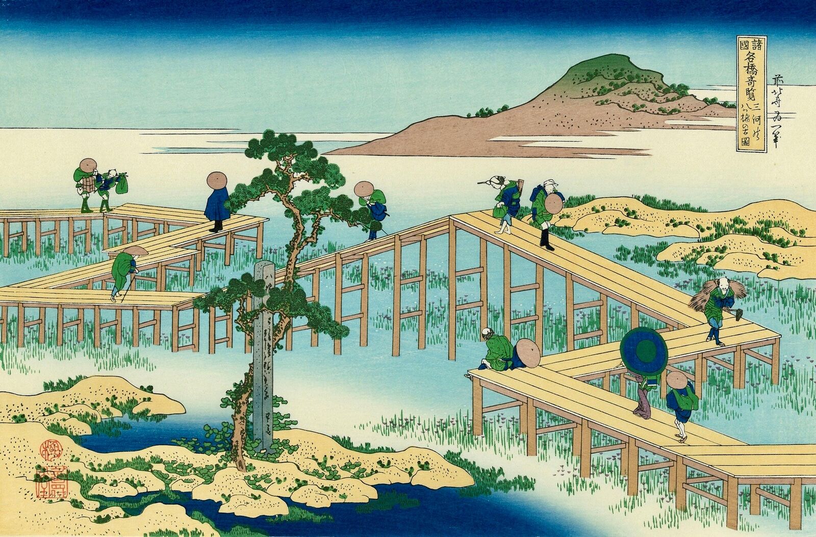A painting of people walking across a wooden bridge.