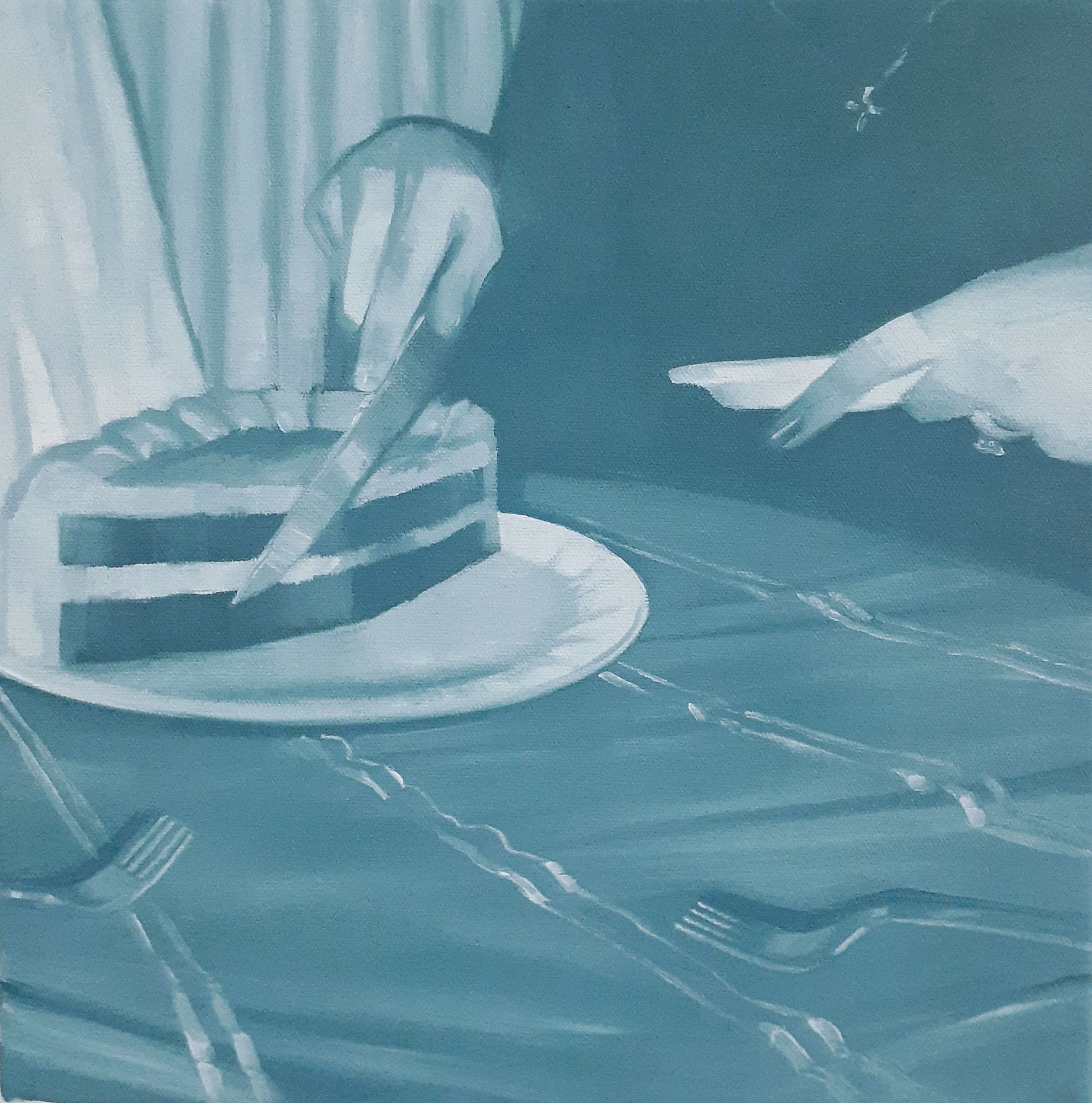 A painting of a person cutting a cake with a knife.