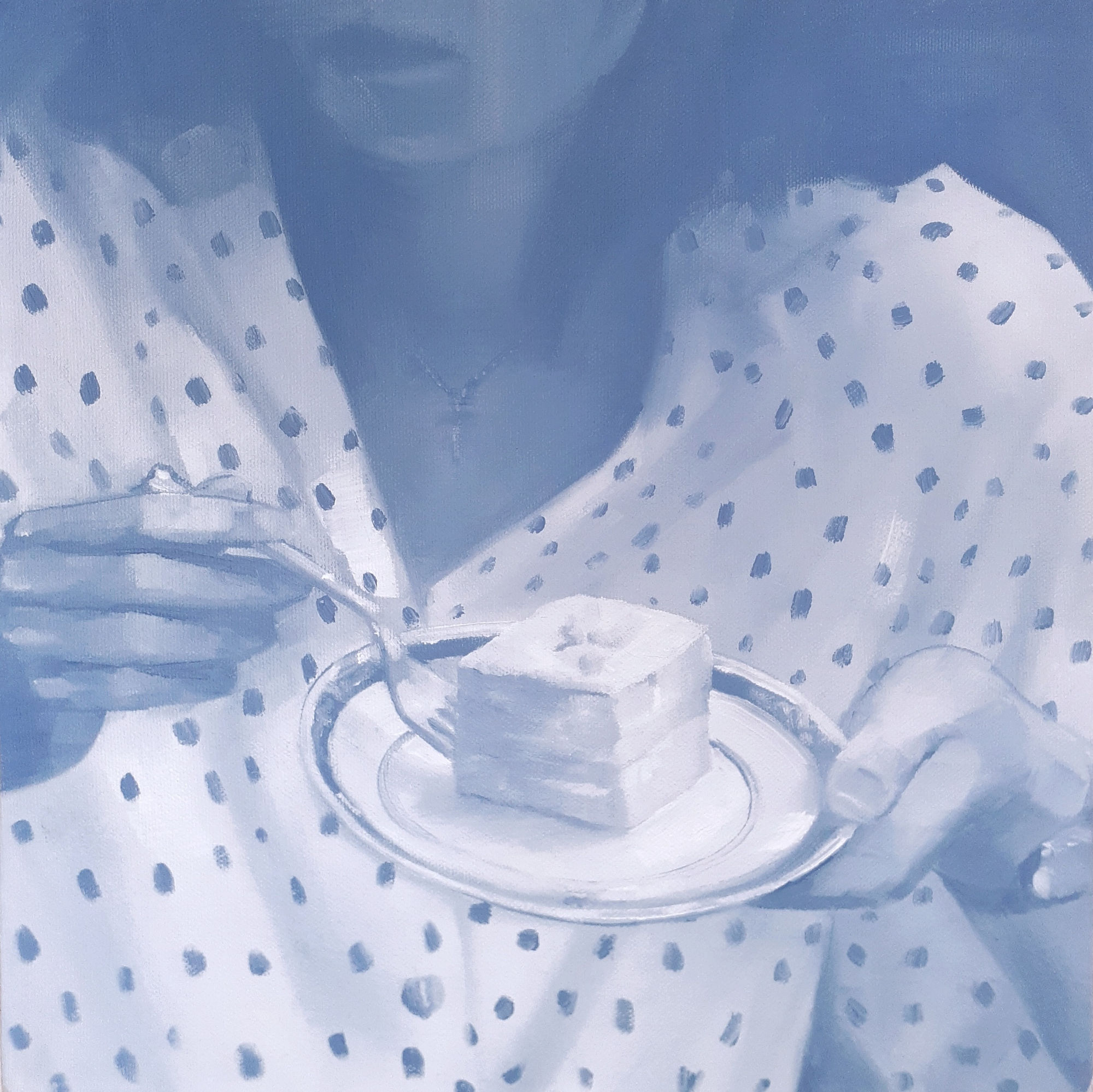 A painting of a woman holding a plate with a piece of cake on it.