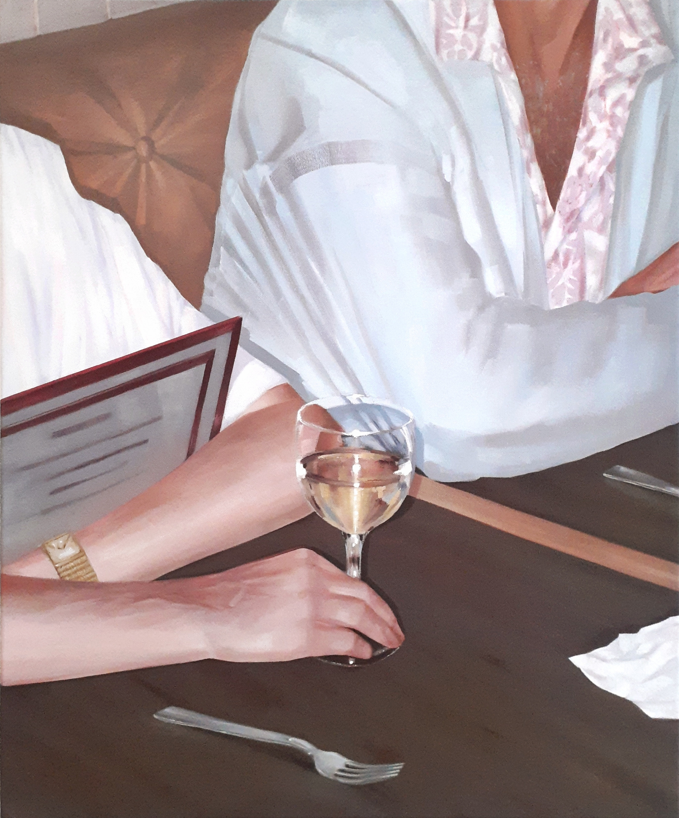 A painting of a woman sitting at a table with a glass of wine.