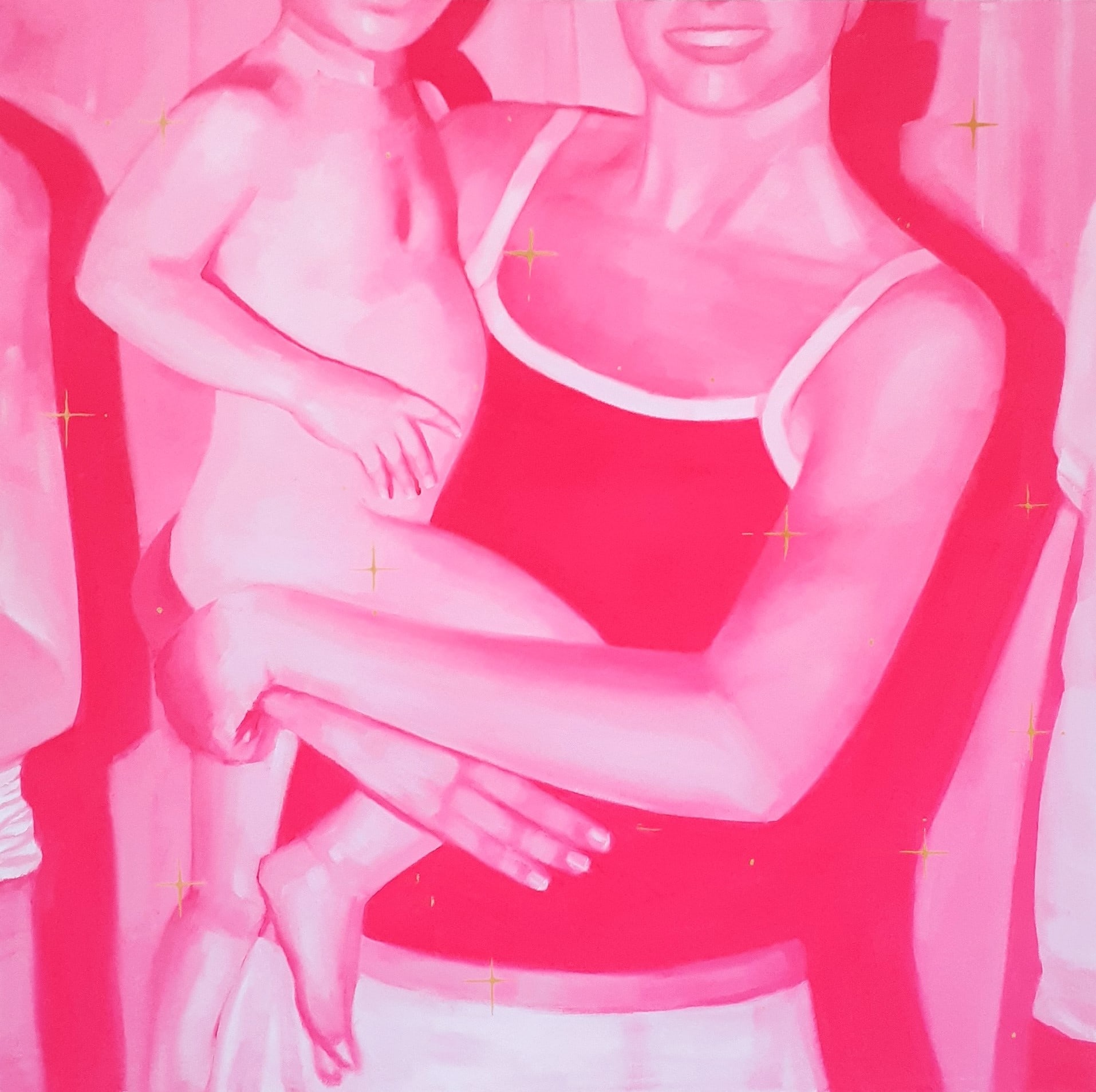 A painting of a woman holding a baby in her arms.