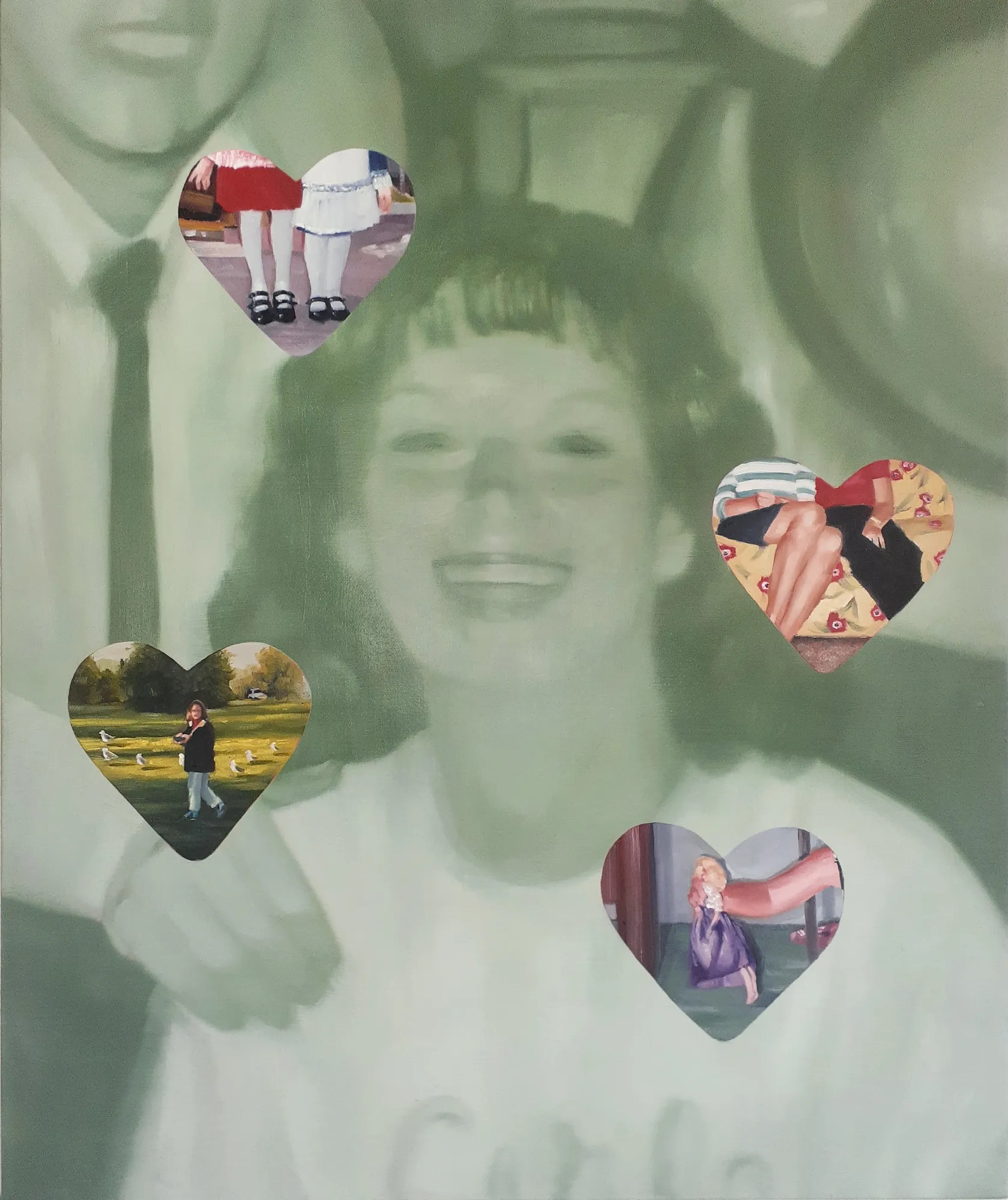 A collage of a man and a woman with hearts on their faces.