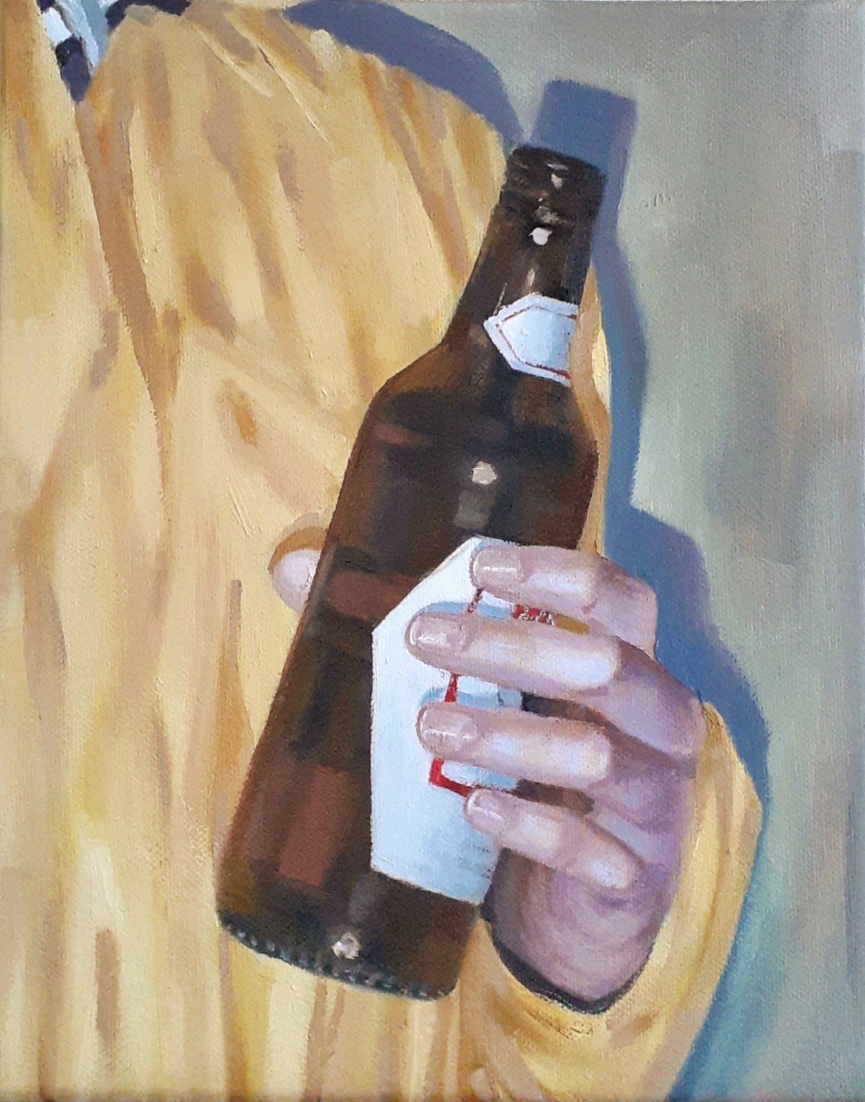 A painting of a person holding a beer bottle.