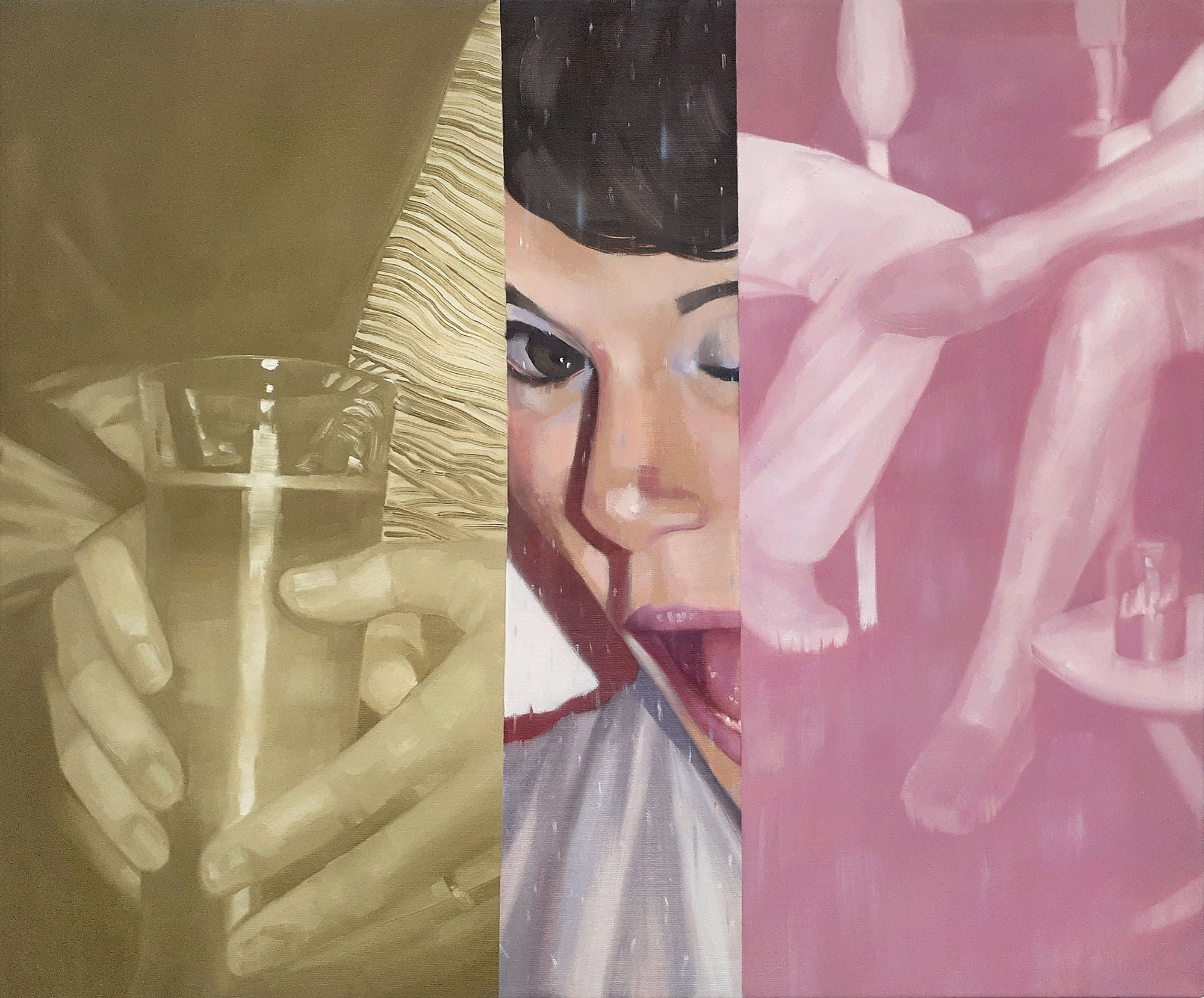 A painting of a woman holding a glass of water.