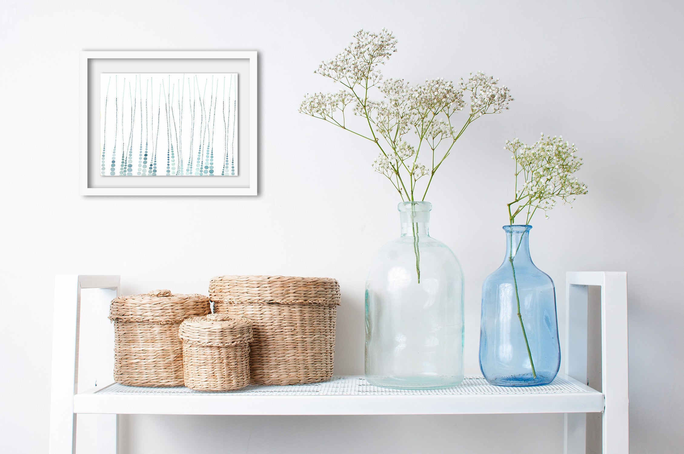 A blue and white abstract painting on a white background.