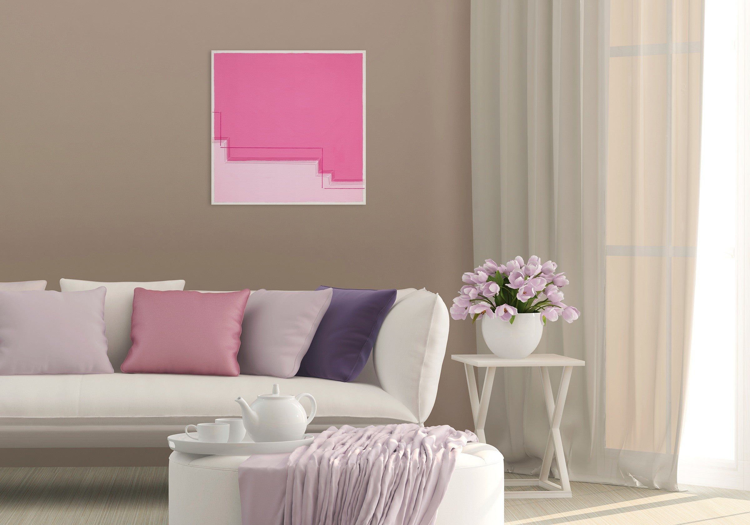 A pink square with a white border on a pink background.