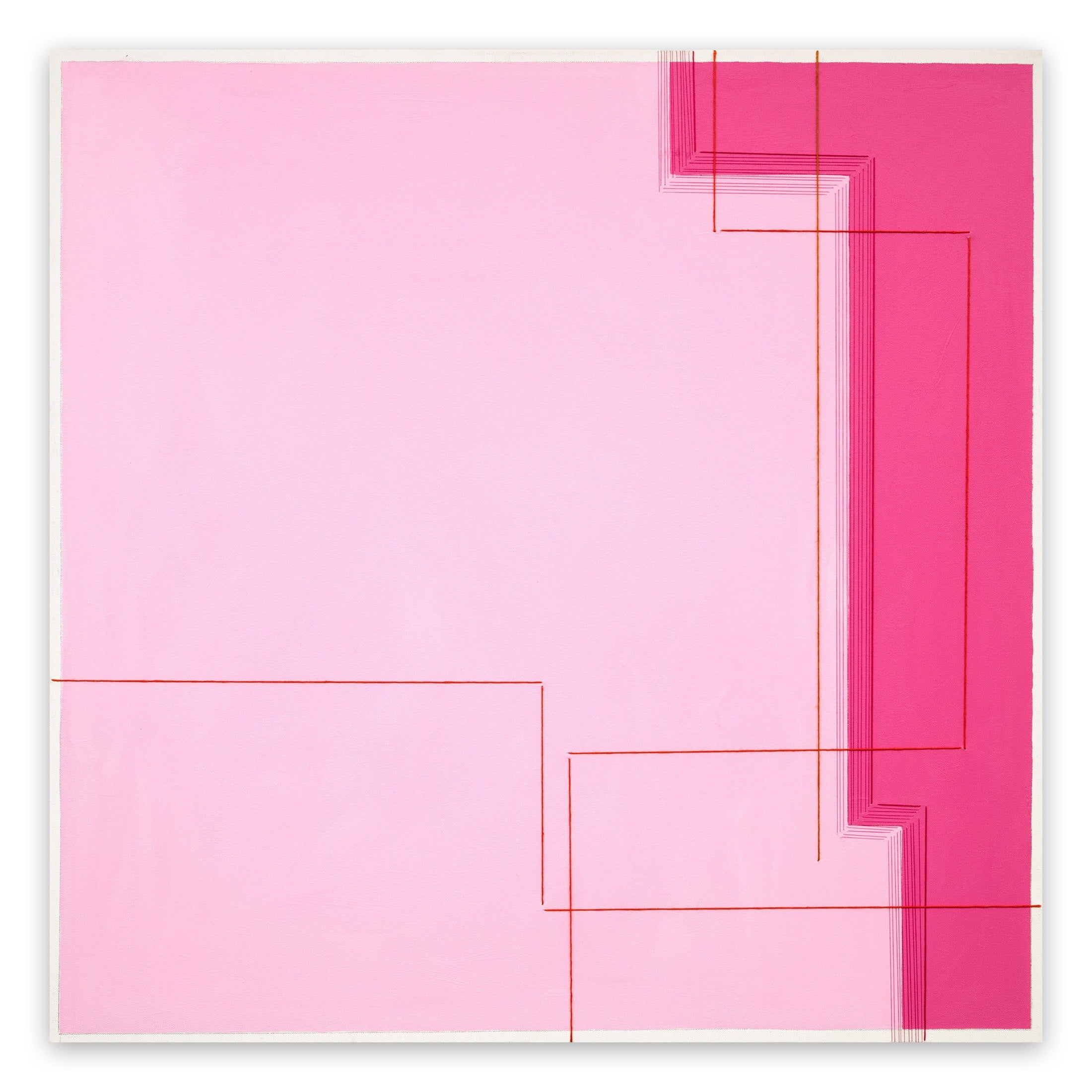 A pink painting with red lines on a white background.