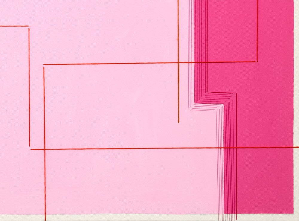 A pink painting with red lines on a white background.