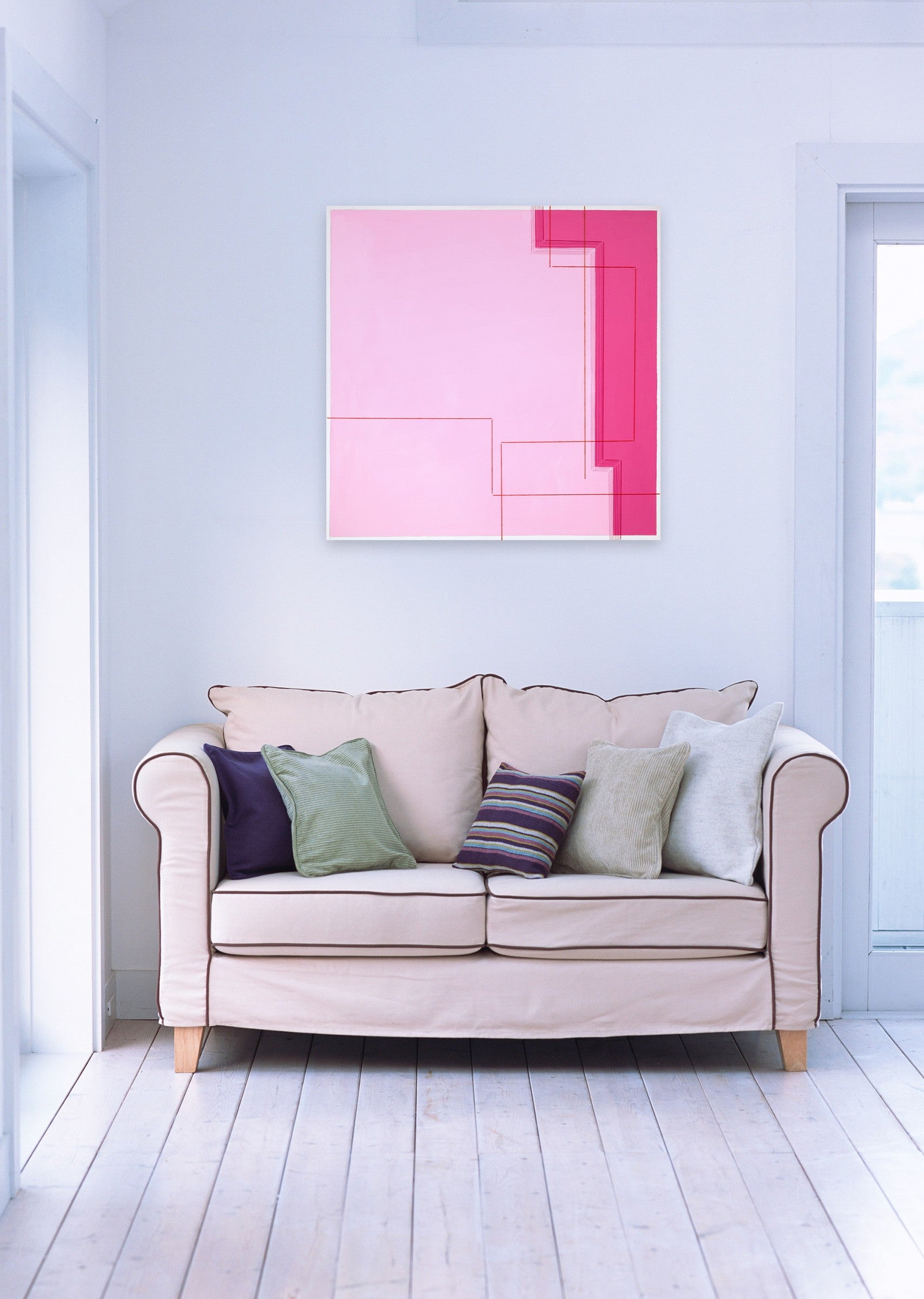 A pink painting with red lines on a white background.