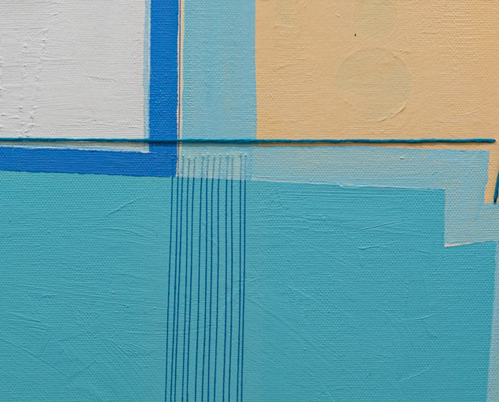 A painting of a blue and yellow abstract design.