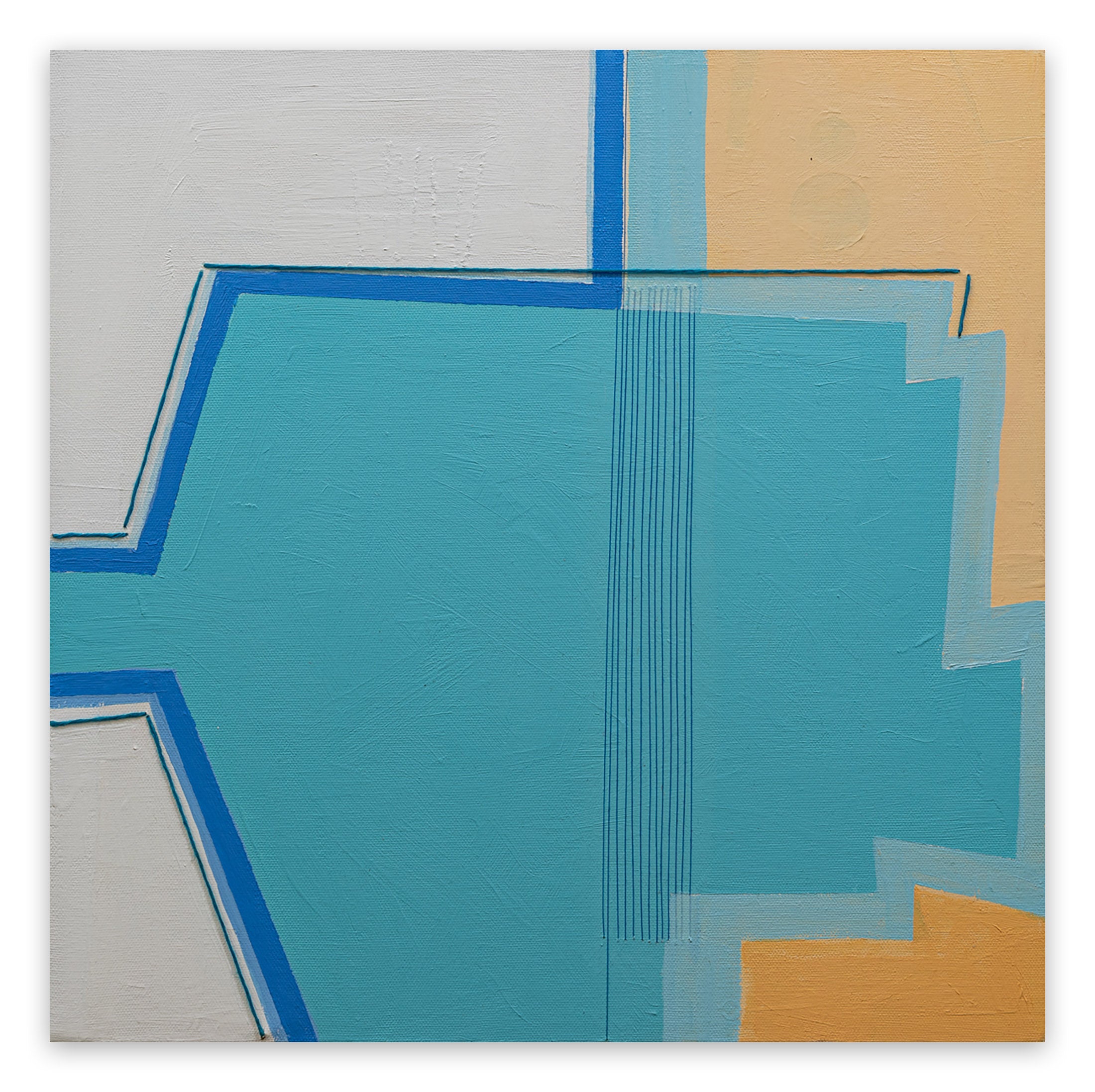 A painting of a blue and yellow abstract design.