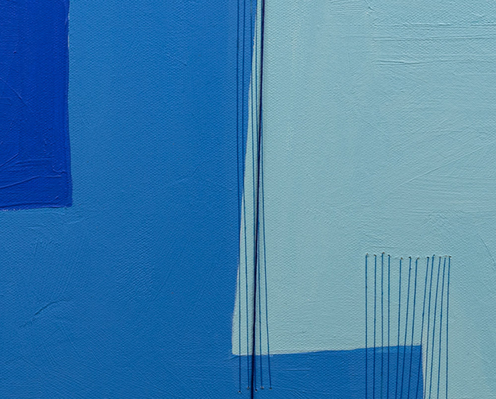 A painting of a blue and white abstract painting on a white background.
